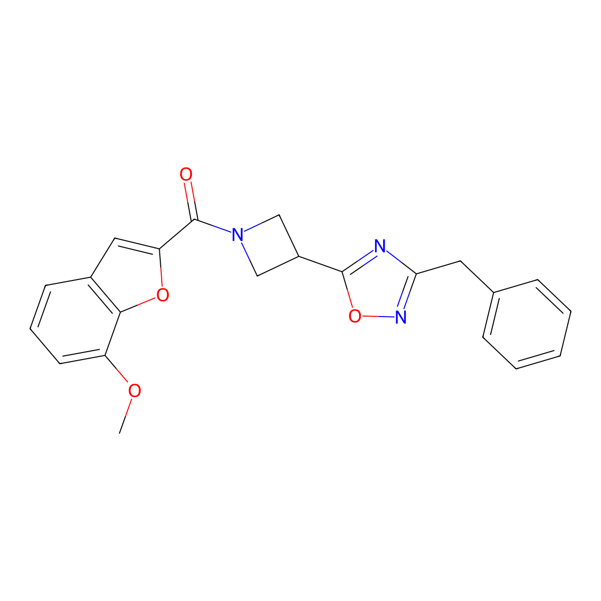 (3-(3-Benzyl-1,2,4-oxadiazol-5-yl)azetidin-1-yl)(7-methoxybenzofuran-2-yl)methanone molecular structure, CAS 1396850-35-3