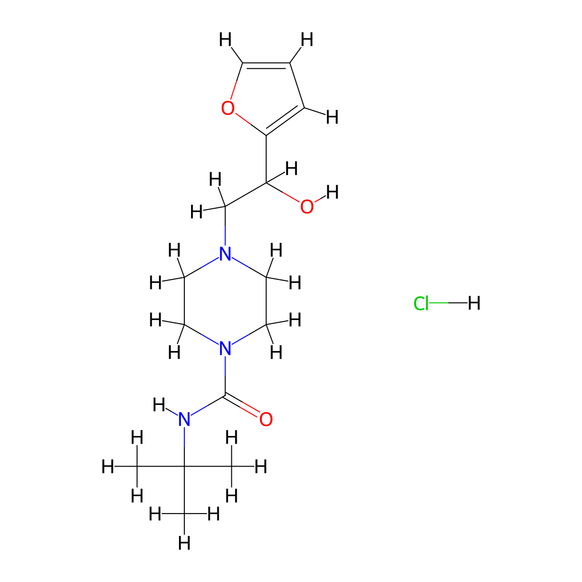 N-(tert-butyl)-4-(2-(furan-2-yl)-2-hydroxyethyl)piperazine-1-carboxamide hydrochloride molecular structure, CAS 1396850-52-4