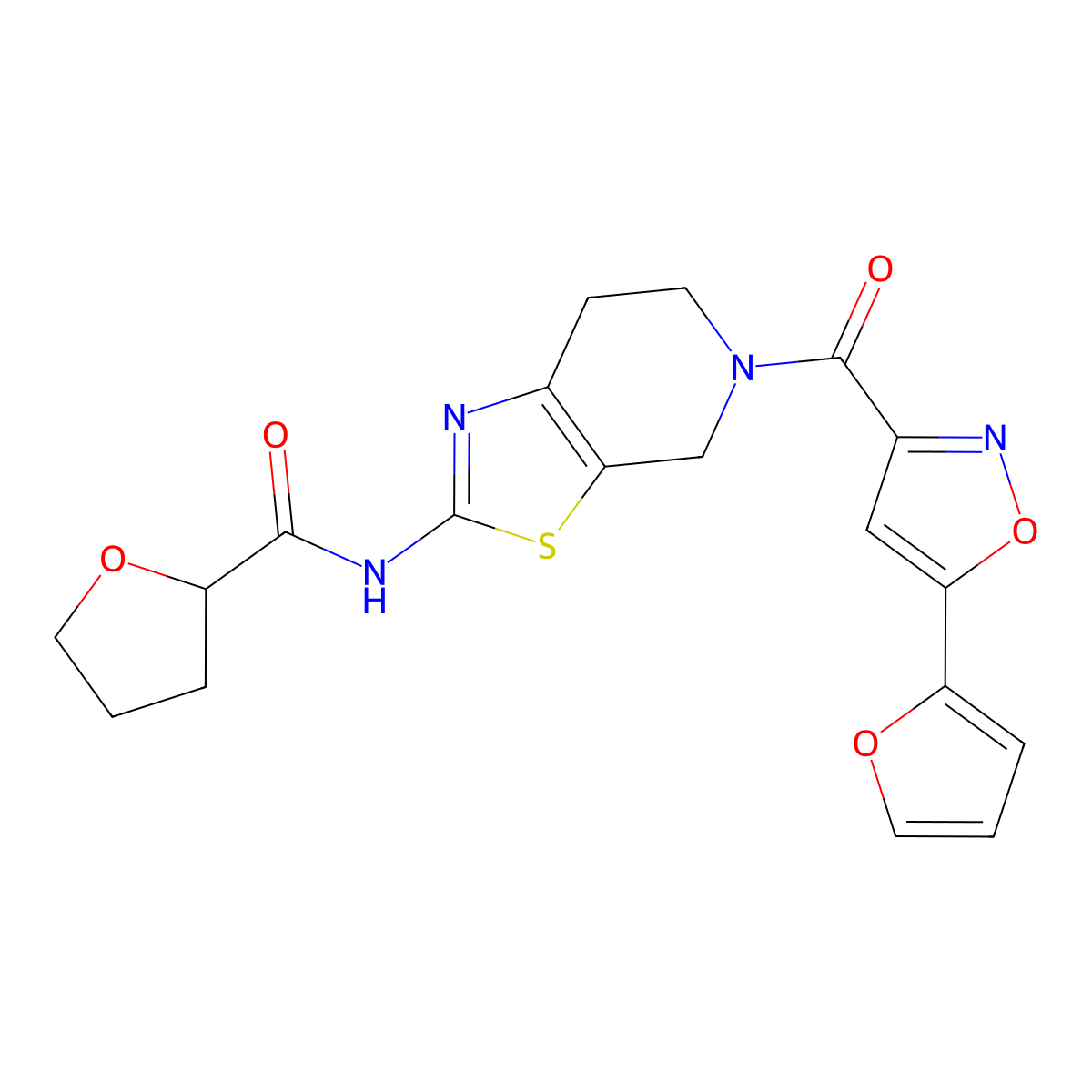 N-(5-(5-(furan-2-yl)isoxazole-3-carbonyl)-4,5,6,7-tetrahydrothiazolo[5,4-c]pyridin-2-yl)tetrahydrofuran-2-carboxamide molecular structure, CAS 1396850-88-6