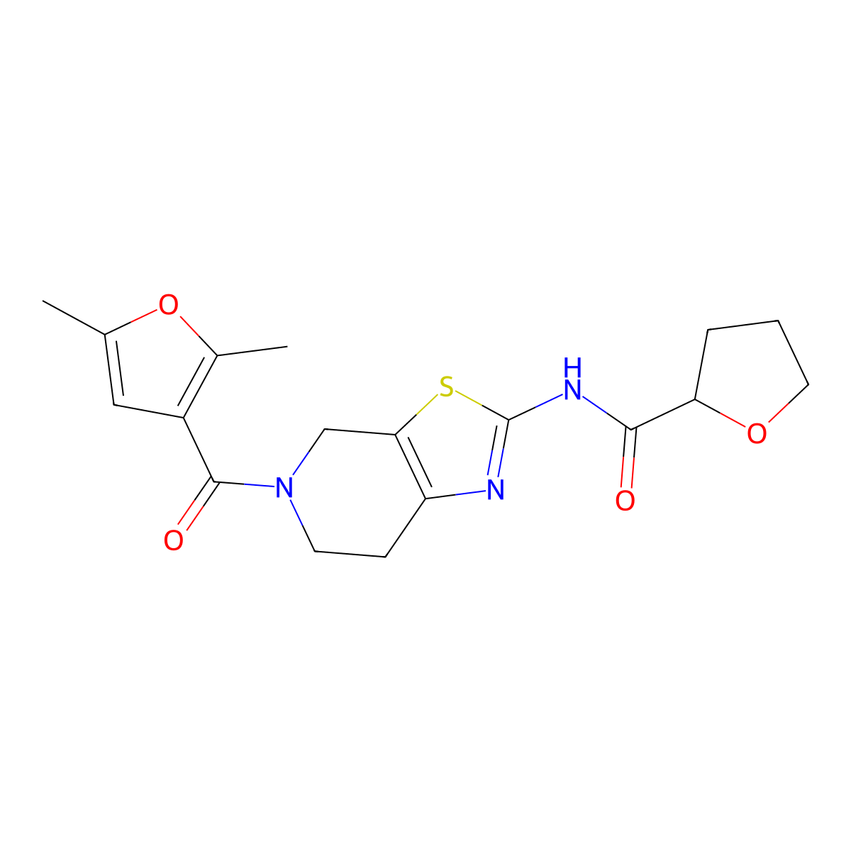 N-(5-(2,5-dimethylfuran-3-carbonyl)-4,5,6,7-tetrahydrothiazolo[5,4-c]pyridin-2-yl)tetrahydrofuran-2-carboxamide molecular structure, CAS 1396850-95-5