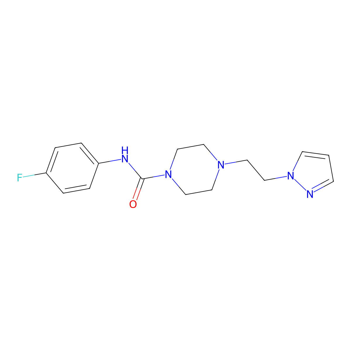 4-(2-(1H-pyrazol-1-yl)ethyl)-N-(4-fluorophenyl)piperazine-1-carboxamide molecular structure, CAS 1396850-98-8