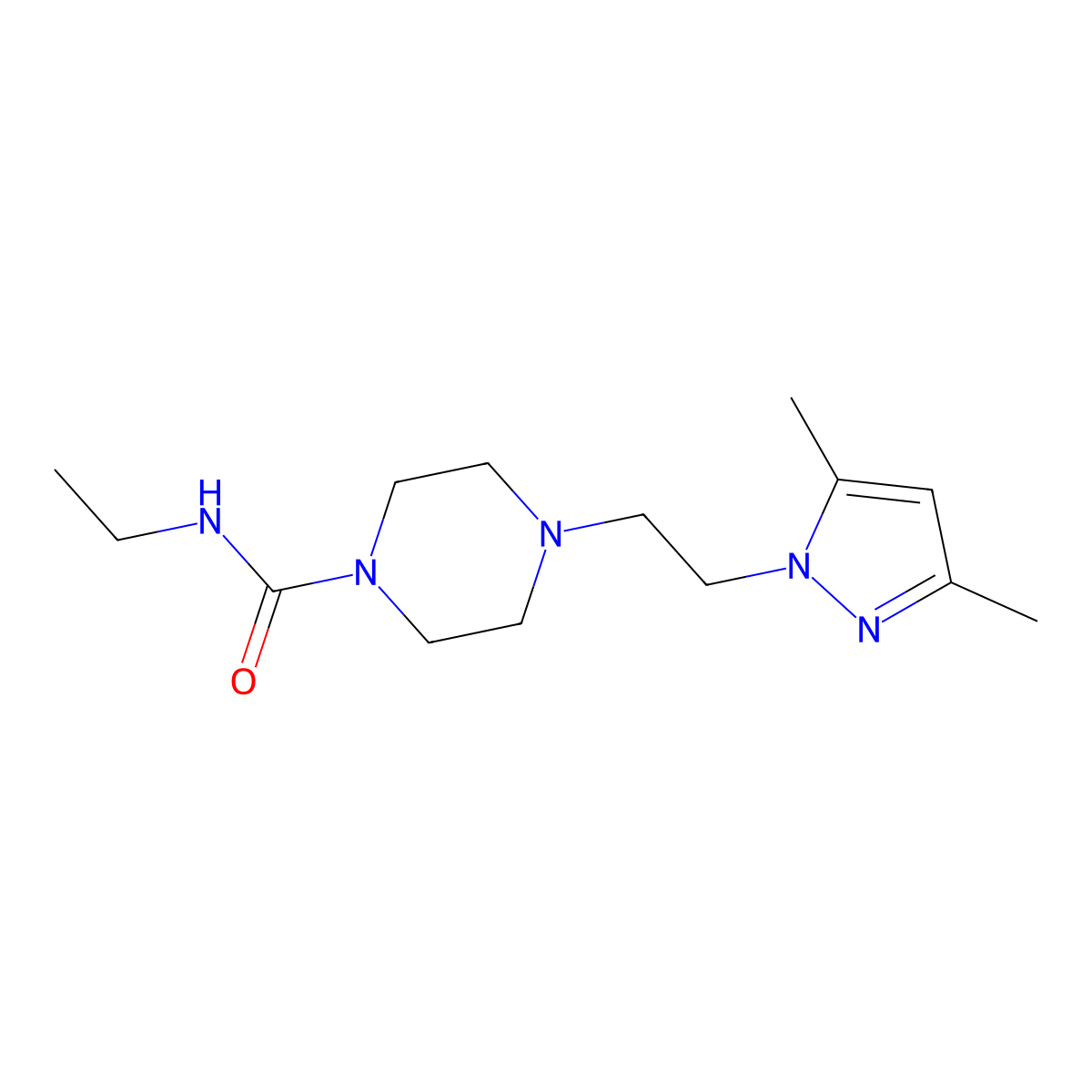 4-[2-(3,5-dimethyl-1H-pyrazol-1-yl)ethyl]-N-ethylpiperazine-1-carboxamide molecular structure, CAS 1396851-11-8