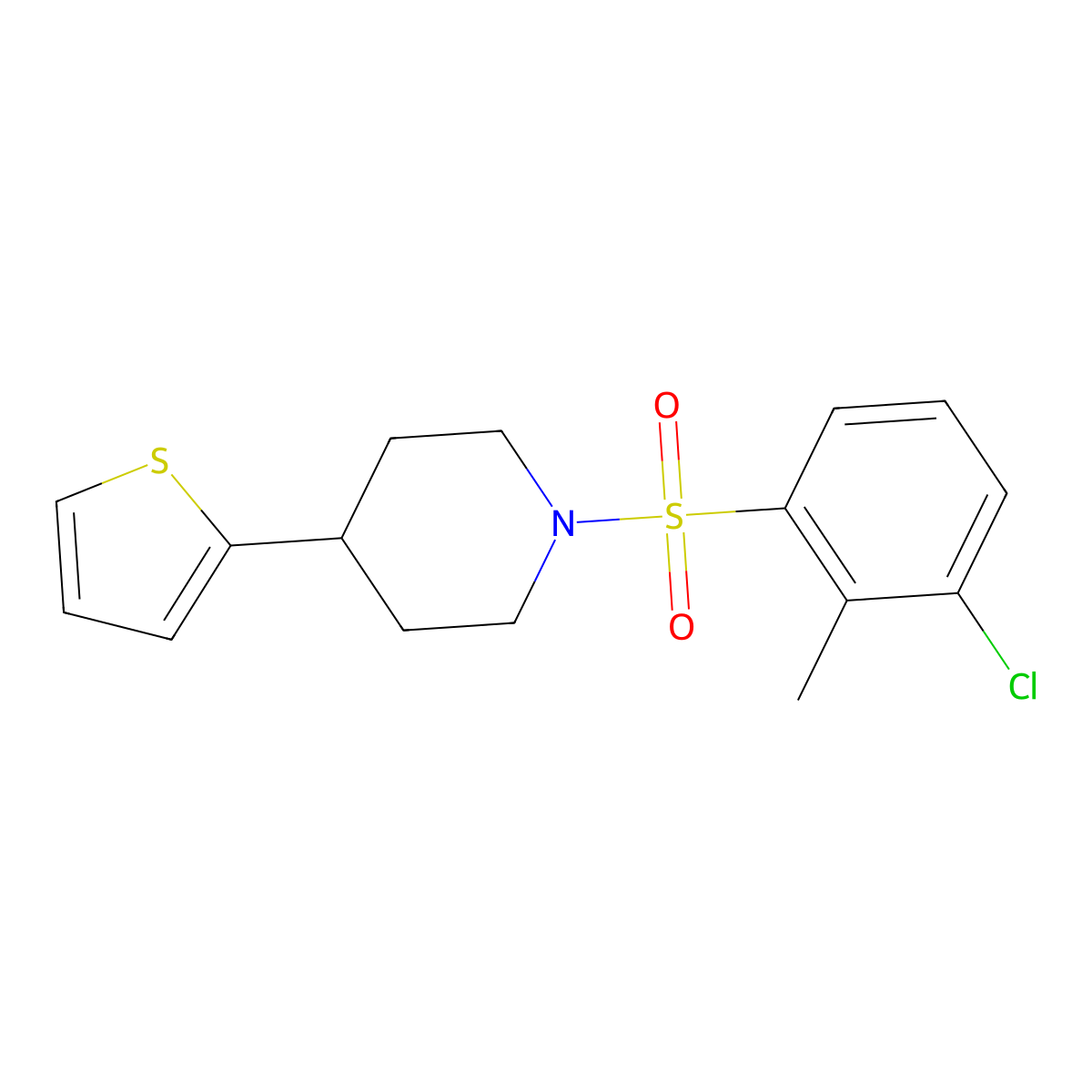1-((3-Chloro-2-methylphenyl)sulfonyl)-4-(thiophen-2-yl)piperidine molecular structure, CAS 1396851-17-4