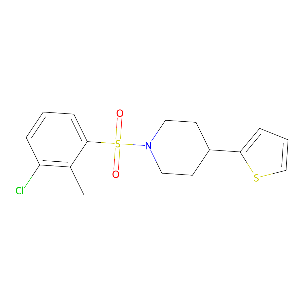 1-((3-Chloro-2-methylphenyl)sulfonyl)-4-(thiophen-2-yl)piperidine molecular structure, CAS 1396851-17-4