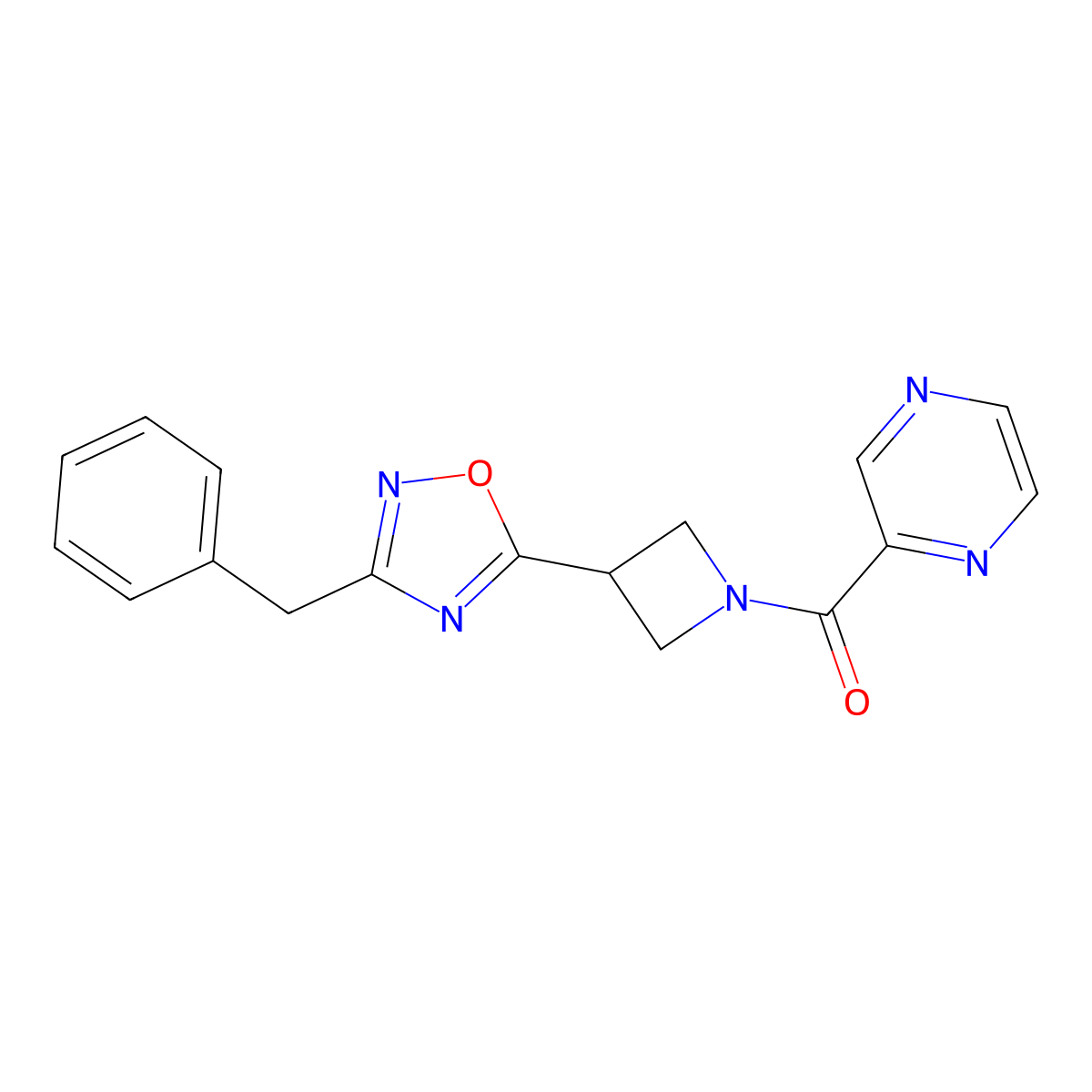 (3-(3-Benzyl-1,2,4-oxadiazol-5-yl)azetidin-1-yl)(pyrazin-2-yl)methanone molecular structure, CAS 1396851-18-5
