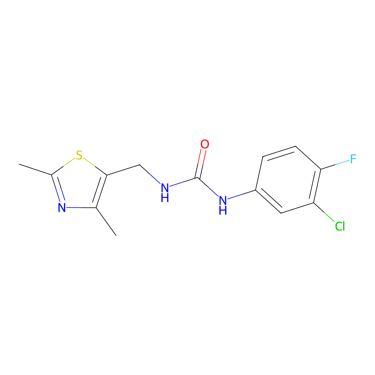 1-(3-Chloro-4-fluorophenyl)-3-((2,4-dimethylthiazol-5-yl)methyl)urea molecular structure, CAS 1396851-19-6