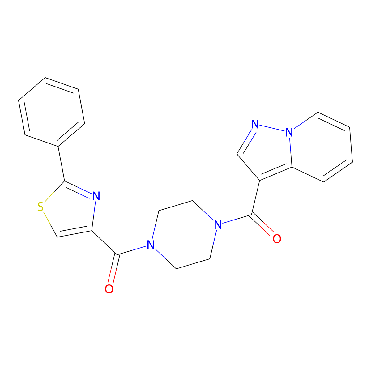 (2-Phenylthiazol-4-yl)(4-(pyrazolo[1,5-a]pyridine-3-carbonyl)piperazin-1-yl)methanone molecular structure, CAS 1396851-20-9