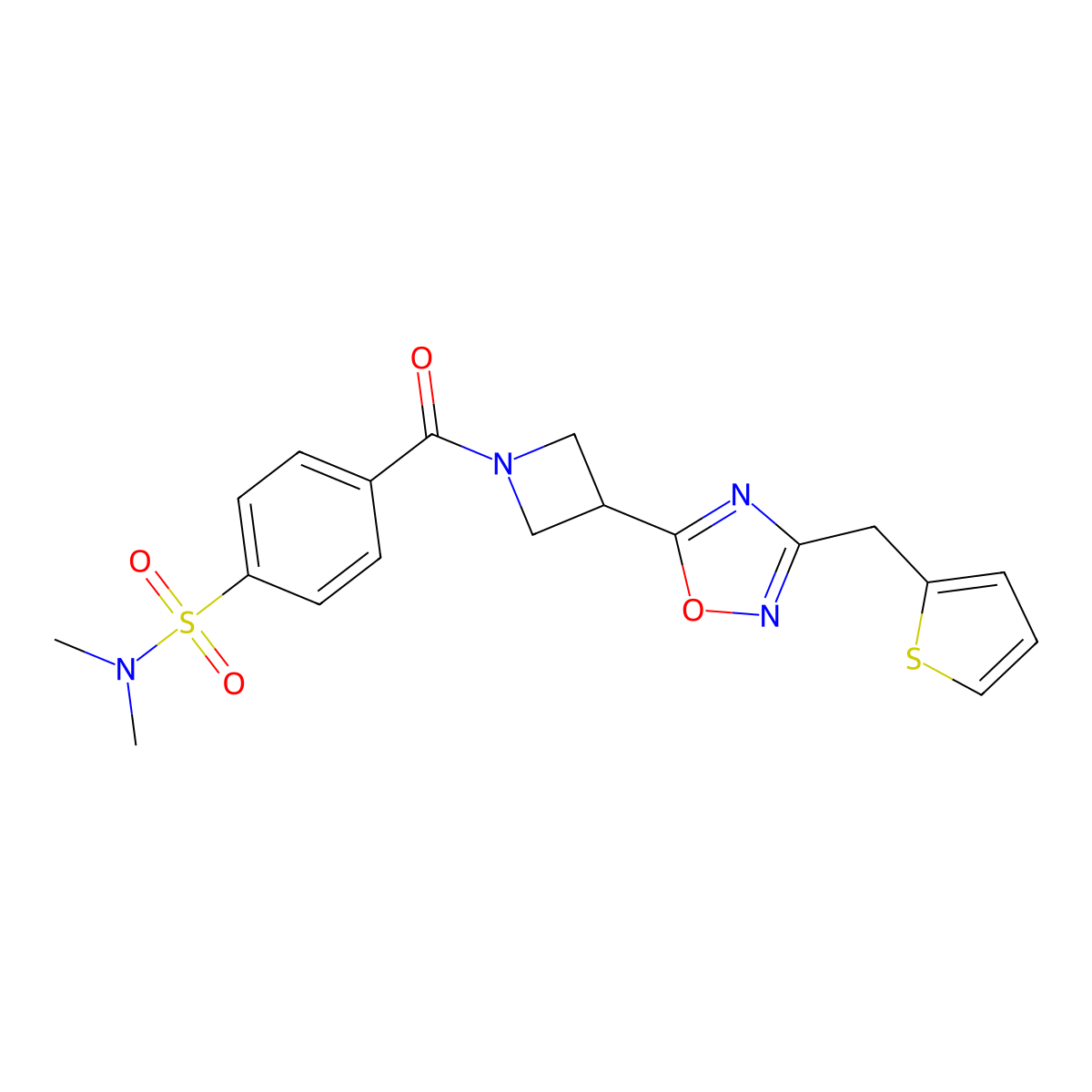 N,N-dimethyl-4-(3-(3-(thiophen-2-ylmethyl)-1,2,4-oxadiazol-5-yl)azetidine-1-carbonyl)benzenesulfonamide molecular structure, CAS 1396851-28-7