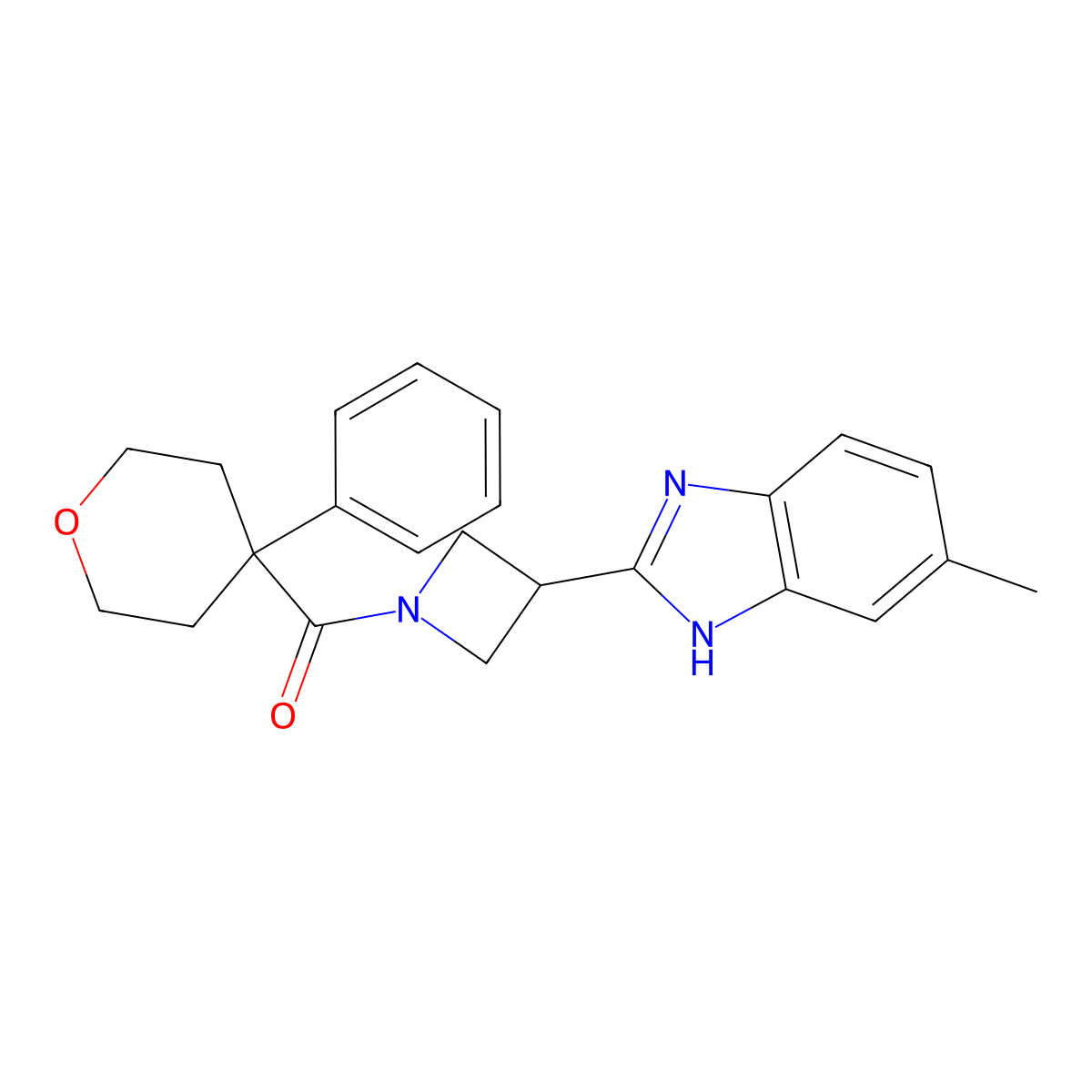 (3-(5-methyl-1H-benzo[d]imidazol-2-yl)azetidin-1-yl)(4-phenyltetrahydro-2H-pyran-4-yl)methanone molecular structure, CAS 1396851-53-8