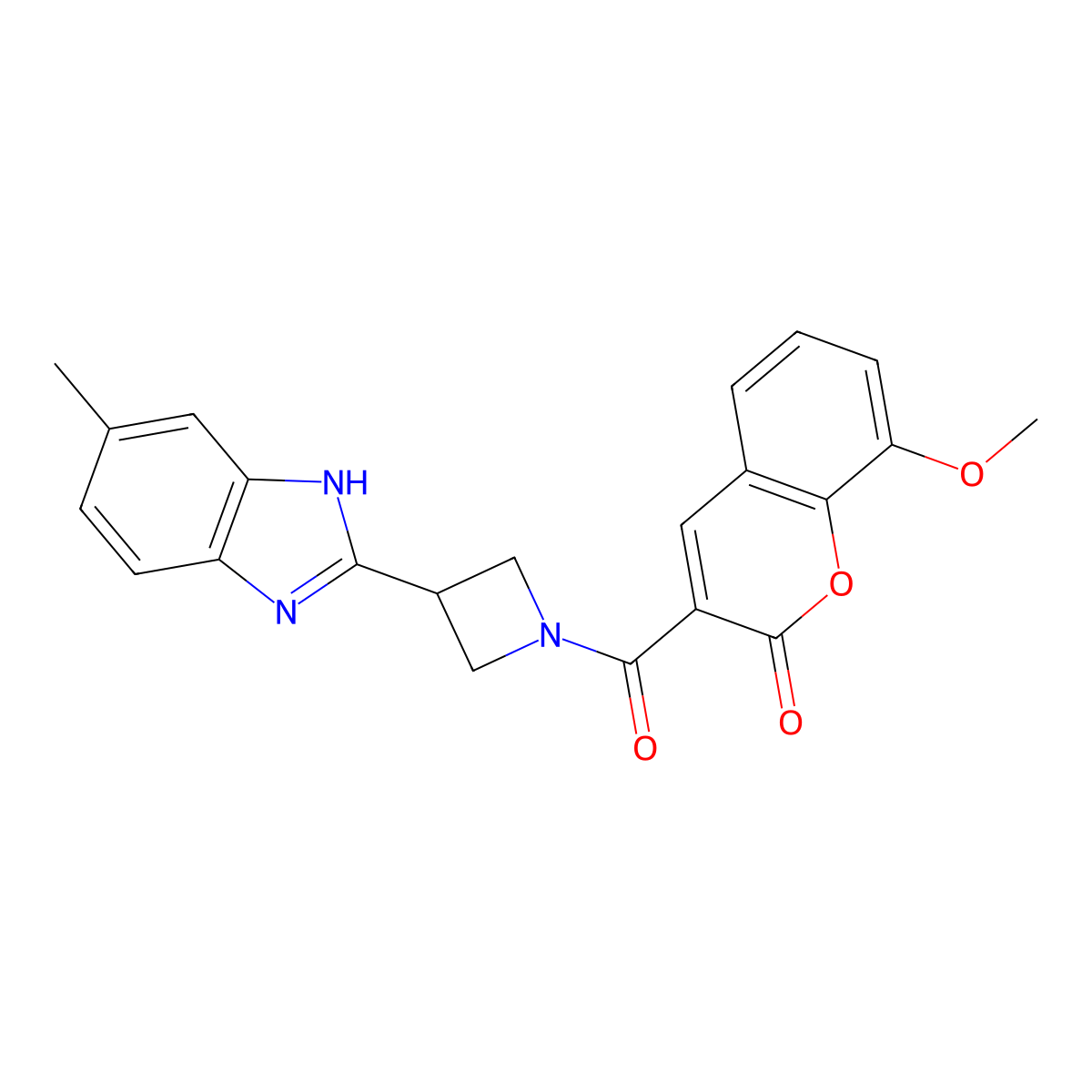 8-methoxy-3-(3-(5-methyl-1H-benzo[d]imidazol-2-yl)azetidine-1-carbonyl)-2H-chromen-2-one molecular structure, CAS 1396851-56-1