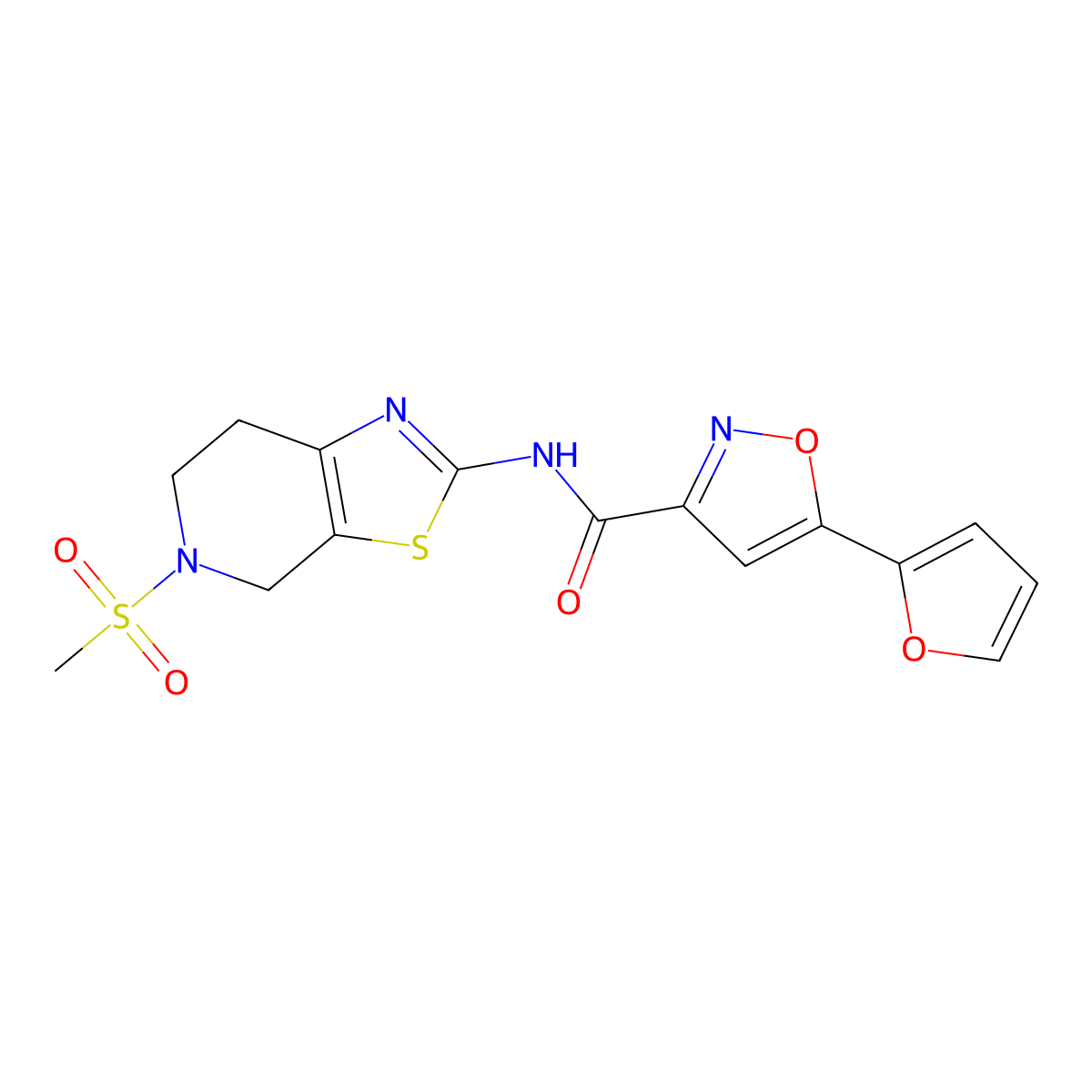 5-(furan-2-yl)-N-(5-(methylsulfonyl)-4,5,6,7-tetrahydrothiazolo[5,4-c]pyridin-2-yl)isoxazole-3-carboxamide molecular structure, CAS 1396851-61-8