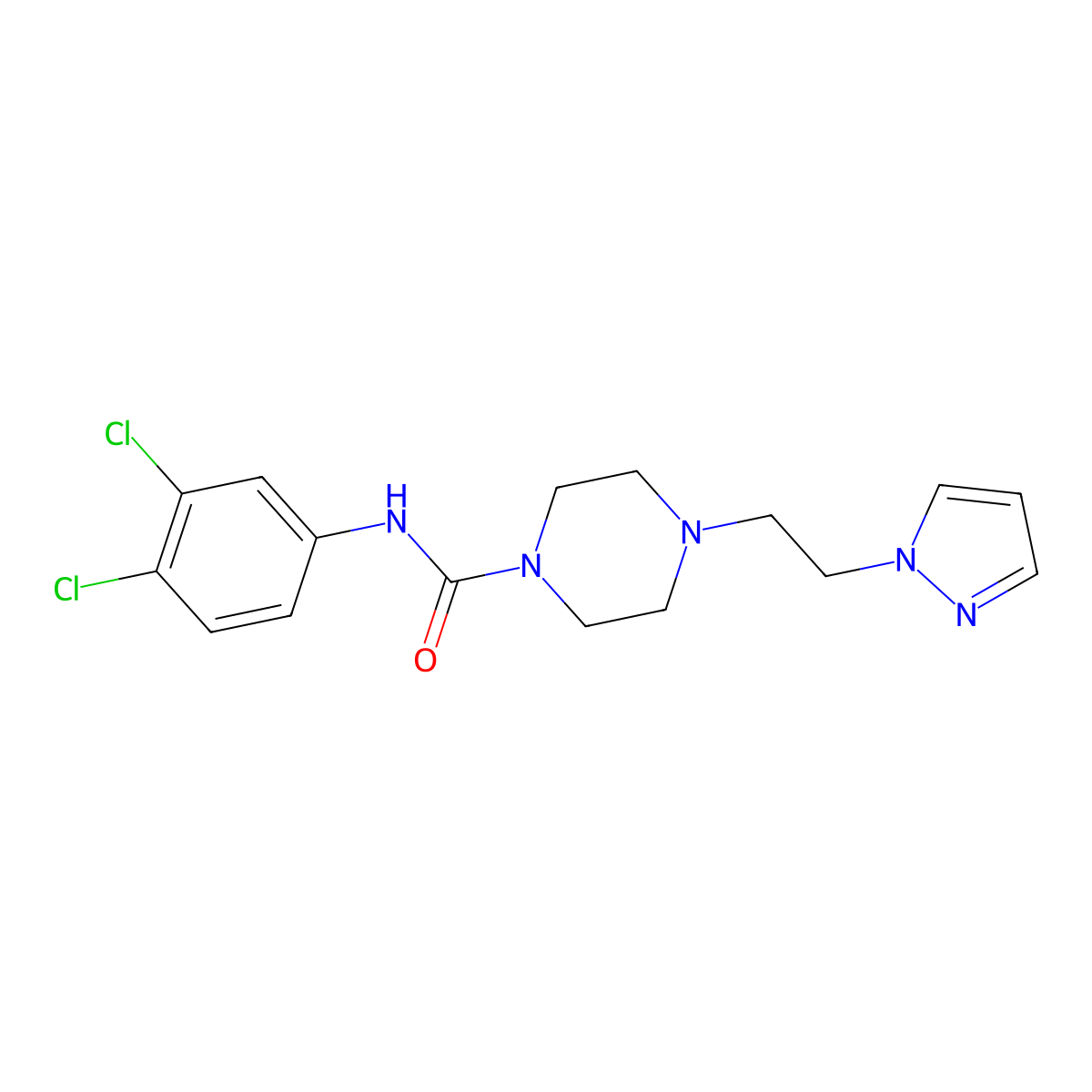 4-(2-(1H-pyrazol-1-yl)ethyl)-N-(3,4-dichlorophenyl)piperazine-1-carboxamide molecular structure, CAS 1396851-74-3