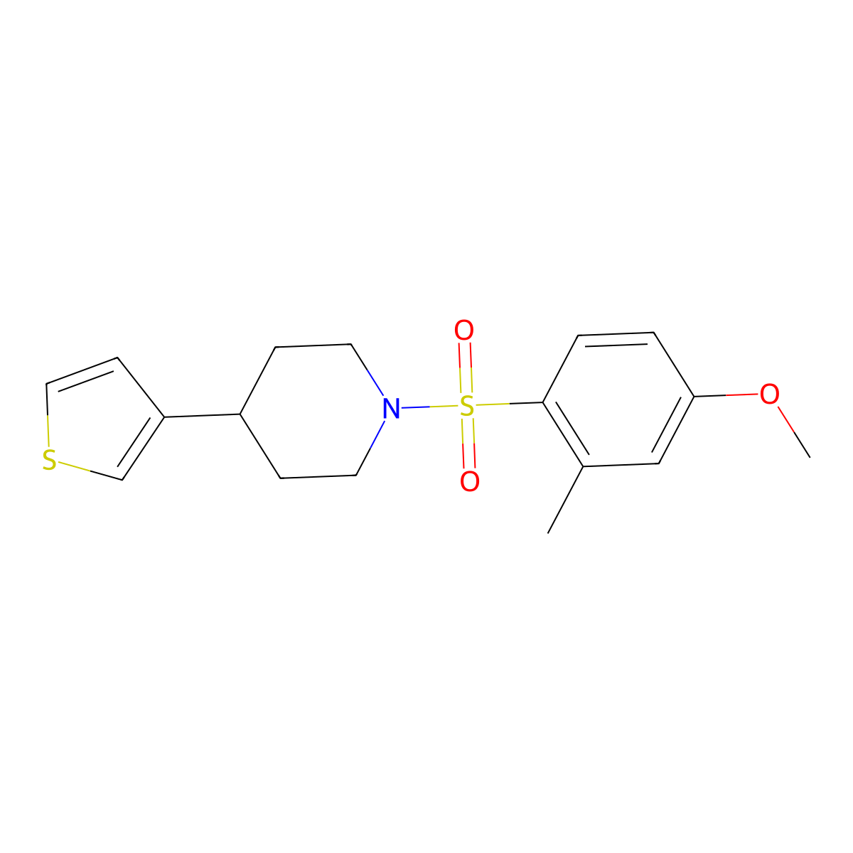 1-((4-Methoxy-2-methylphenyl)sulfonyl)-4-(thiophen-3-yl)piperidine molecular structure, CAS 1396851-76-5