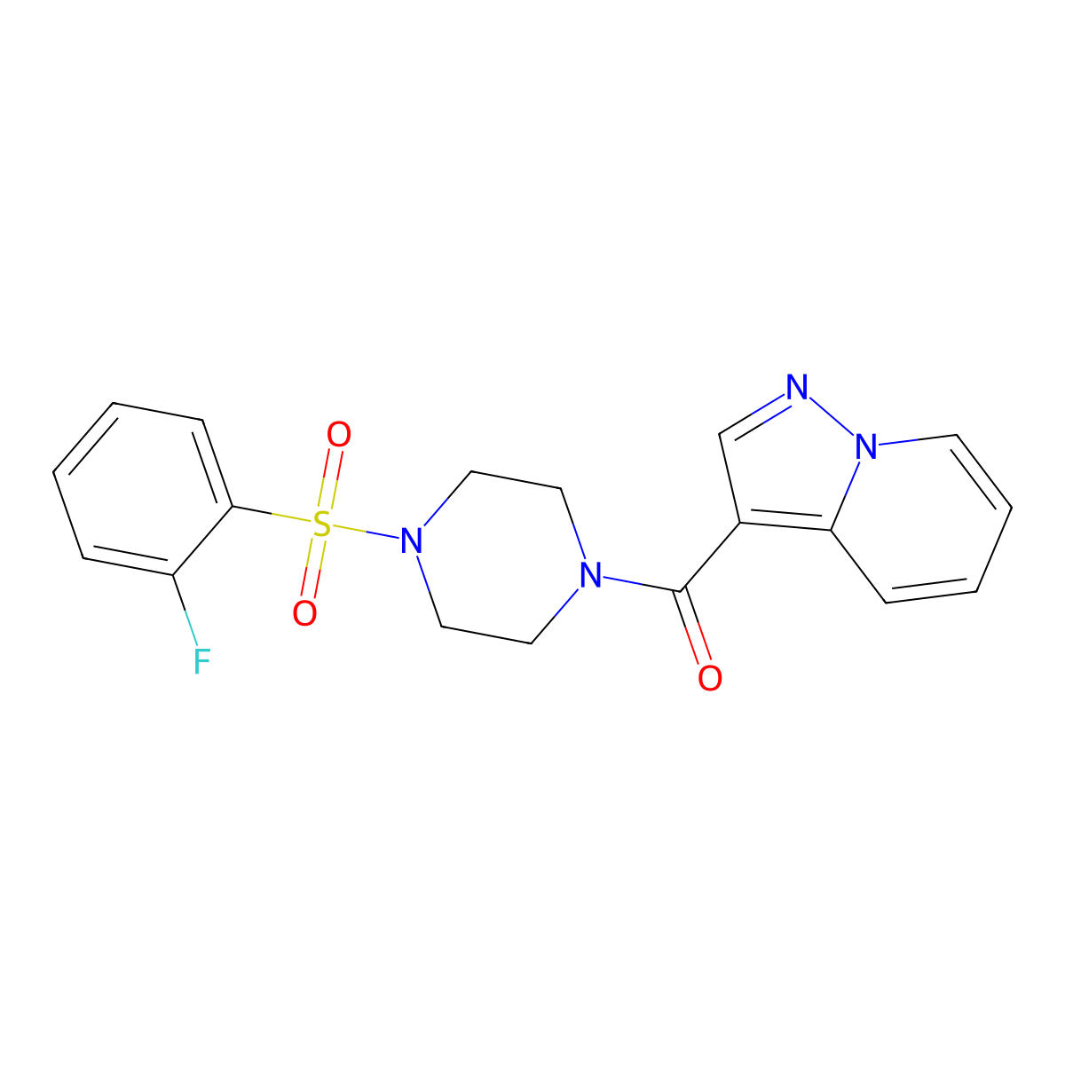 (4-((2-Fluorophenyl)sulfonyl)piperazin-1-yl)(pyrazolo[1,5-a]pyridin-3-yl)methanone molecular structure, CAS 1396851-79-8
