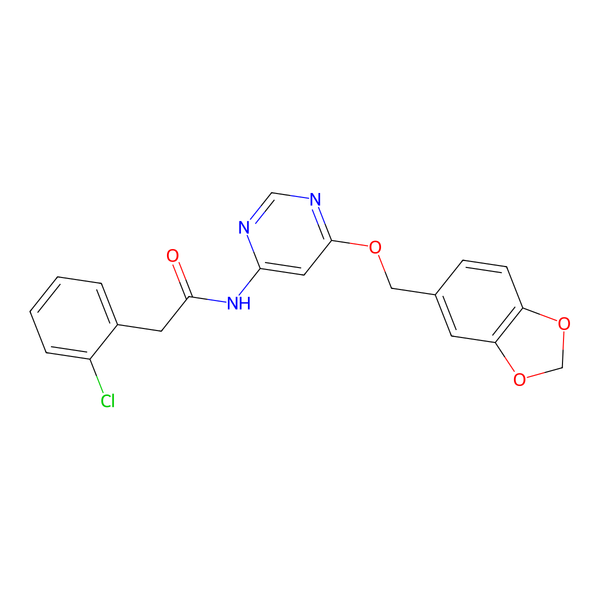 N-(6-(benzo[d][1,3]dioxol-5-ylmethoxy)pyrimidin-4-yl)-2-(2-chlorophenyl)acetamide molecular structure, CAS 1396851-87-8