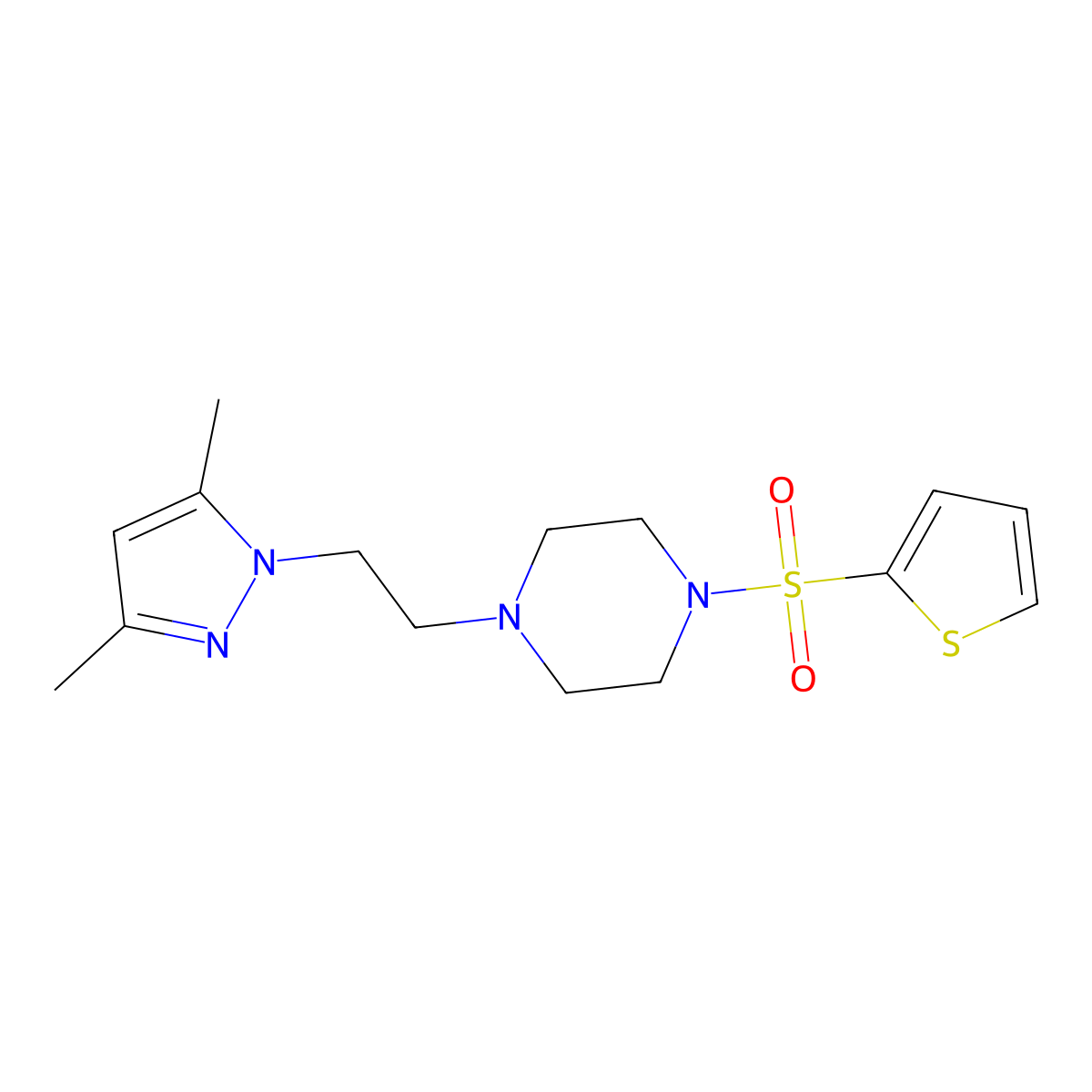 1-(2-(3,5-dimethyl-1H-pyrazol-1-yl)ethyl)-4-(thiophen-2-ylsulfonyl)piperazine molecular structure, CAS 1396851-91-4