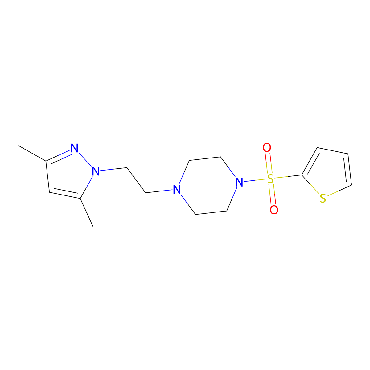 1-(2-(3,5-dimethyl-1H-pyrazol-1-yl)ethyl)-4-(thiophen-2-ylsulfonyl)piperazine molecular structure, CAS 1396851-91-4