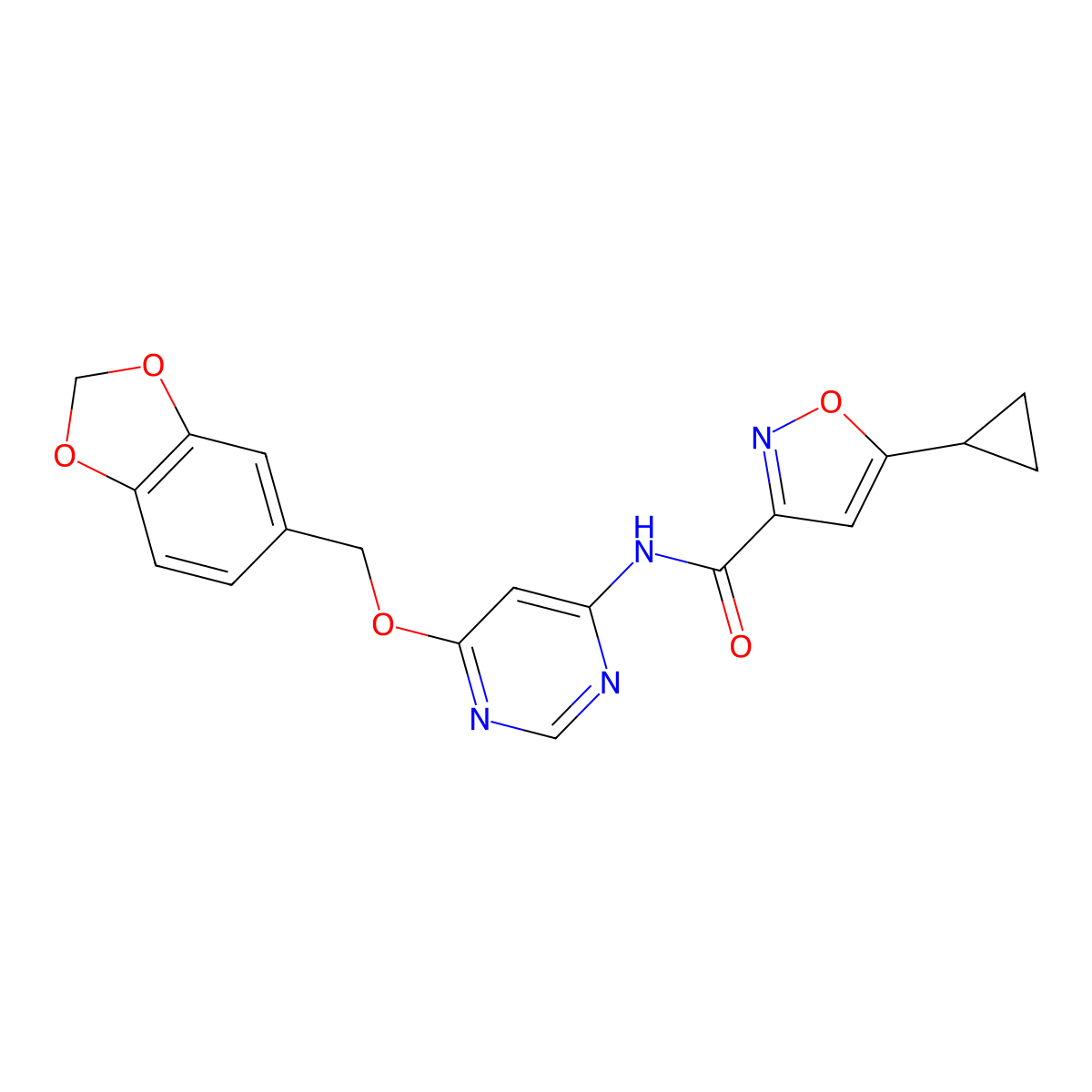 N-(6-(benzo[d][1,3]dioxol-5-ylmethoxy)pyrimidin-4-yl)-5-cyclopropylisoxazole-3-carboxamide molecular structure, CAS 1396851-93-6