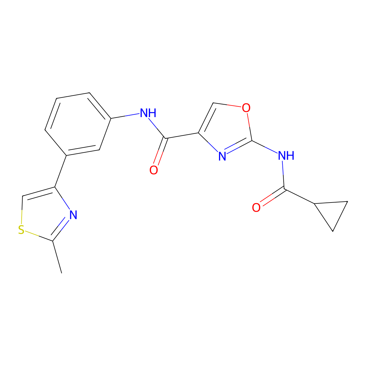 2-(cyclopropanecarboxamido)-N-(3-(2-methylthiazol-4-yl)phenyl)oxazole-4-carboxamide molecular structure, CAS 1396851-96-9