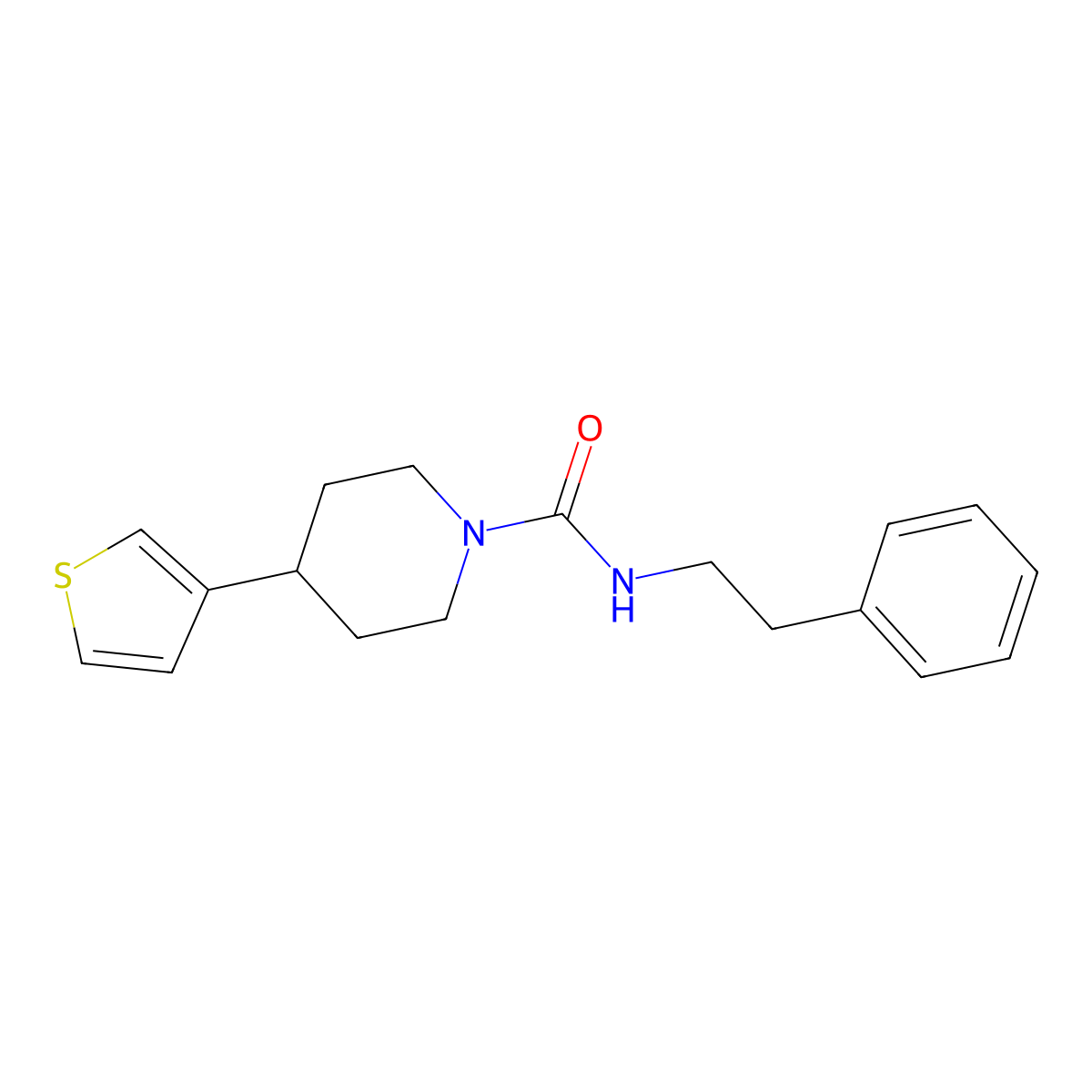 N-phenethyl-4-(thiophen-3-yl)piperidine-1-carboxamide molecular structure, CAS 1396851-98-1