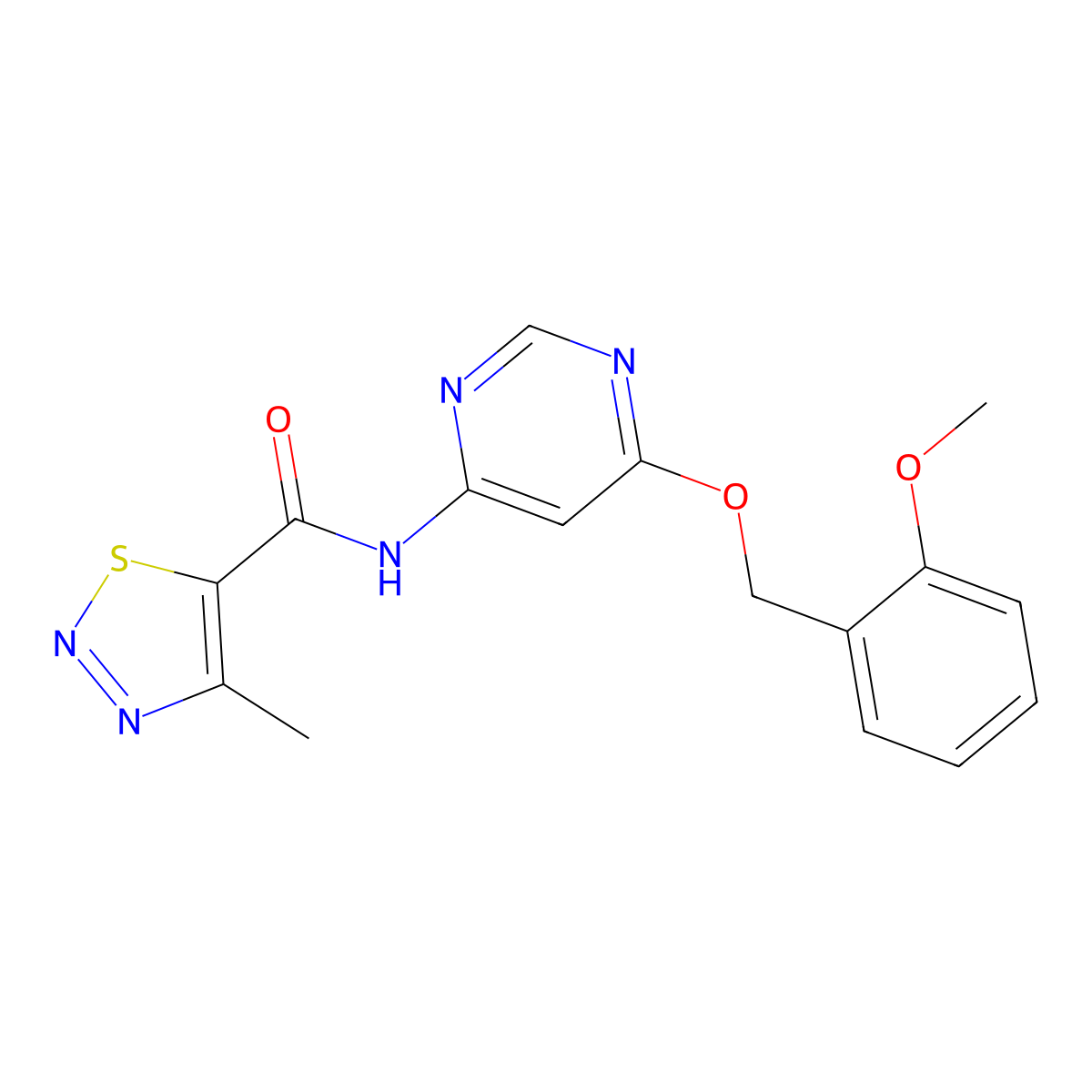 N-(6-((2-methoxybenzyl)oxy)pyrimidin-4-yl)-4-methyl-1,2,3-thiadiazole-5-carboxamide molecular structure, CAS 1396852-02-0