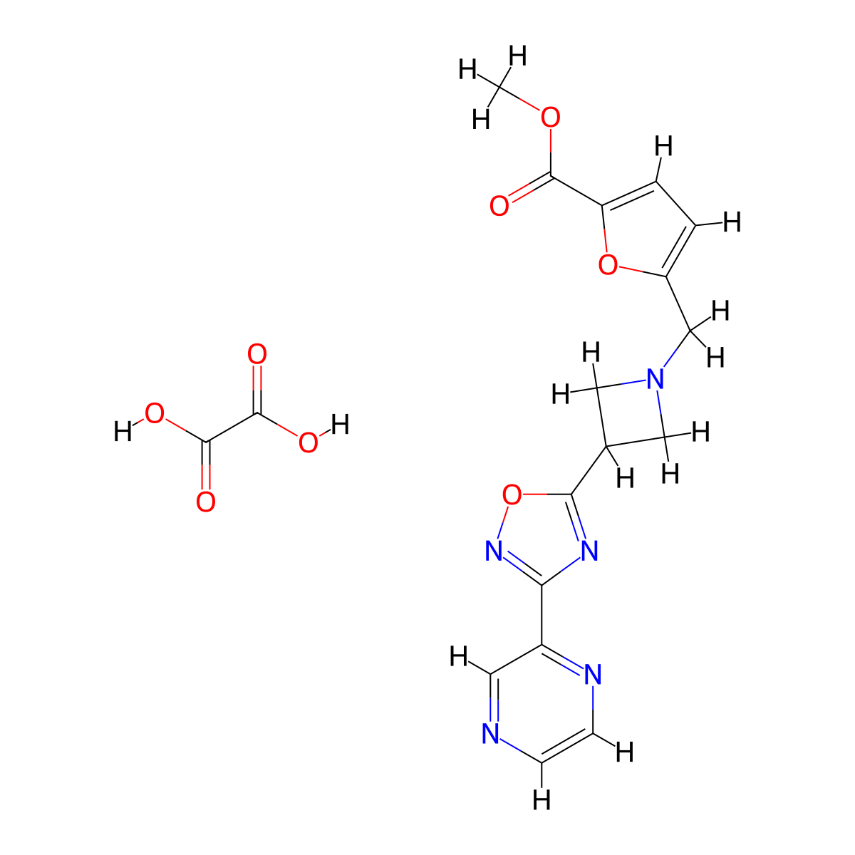 Methyl 5-((3-(3-(pyrazin-2-yl)-1,2,4-oxadiazol-5-yl)azetidin-1-yl)methyl)furan-2-carboxylate oxalate molecular structure, CAS 1396852-03-1