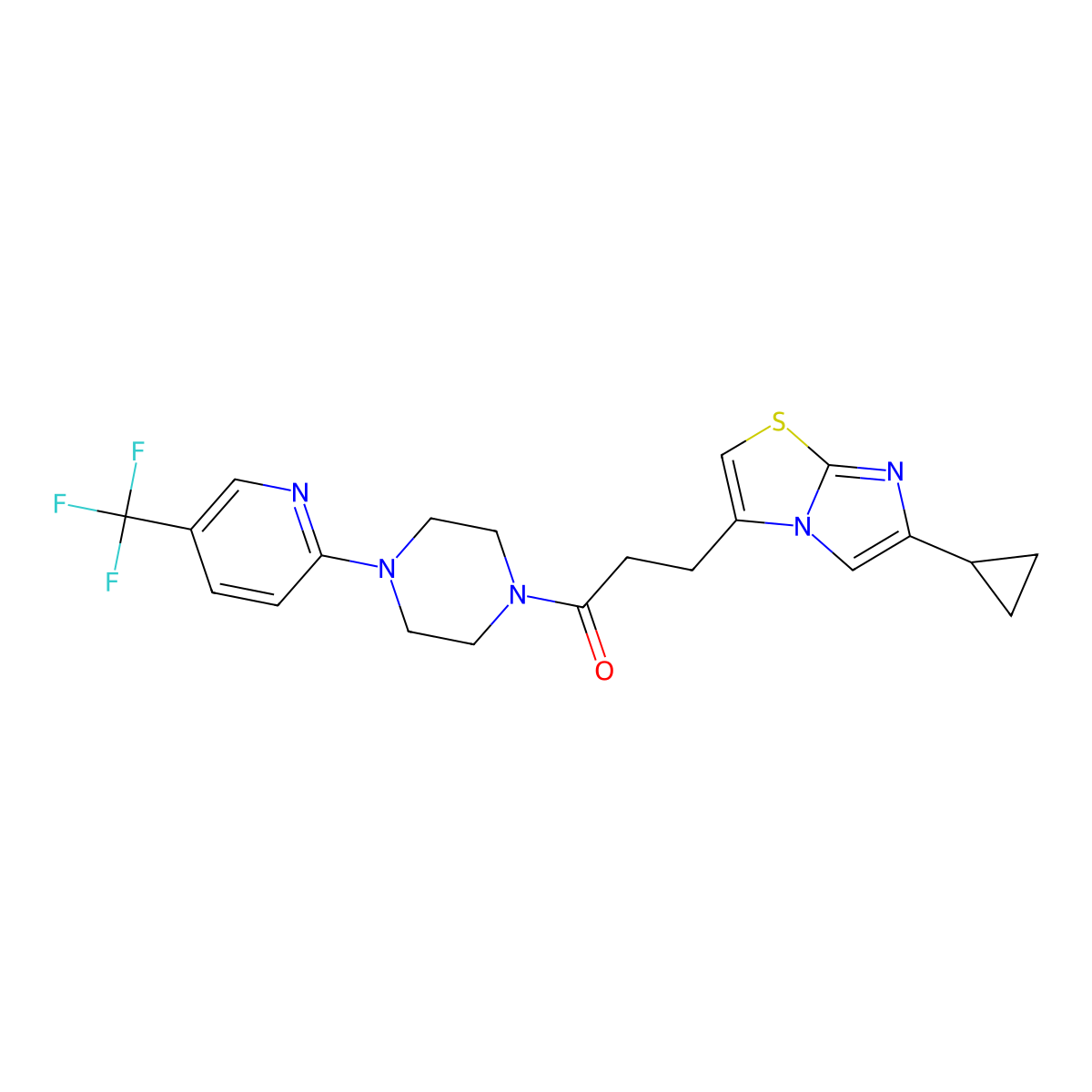 3-(6-Cyclopropylimidazo[2,1-b]thiazol-3-yl)-1-(4-(5-(trifluoromethyl)pyridin-2-yl)piperazin-1-yl)propan-1-one molecular structure, CAS 1396852-10-0