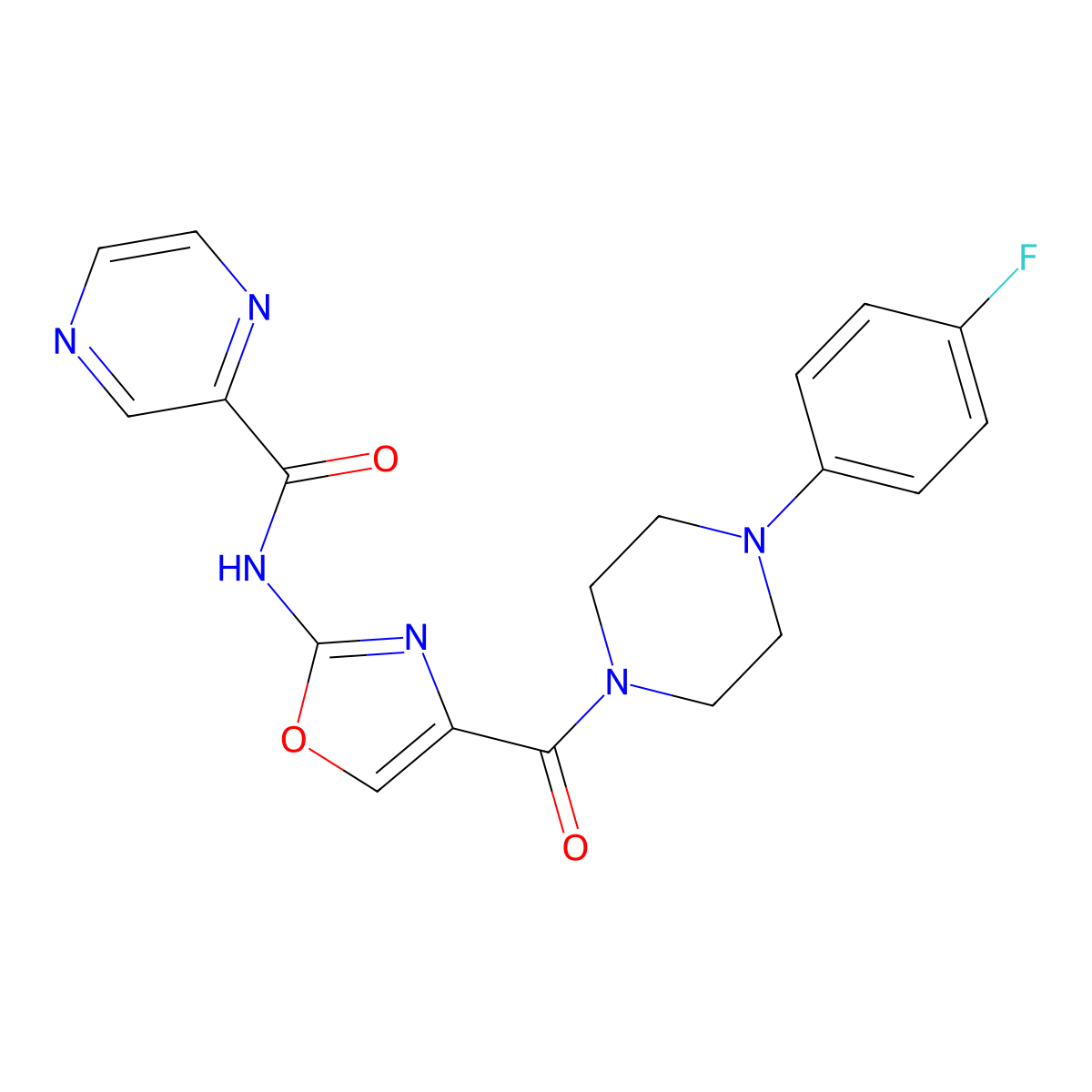 N-(4-(4-(4-fluorophenyl)piperazine-1-carbonyl)oxazol-2-yl)pyrazine-2-carboxamide molecular structure, CAS 1396852-20-2