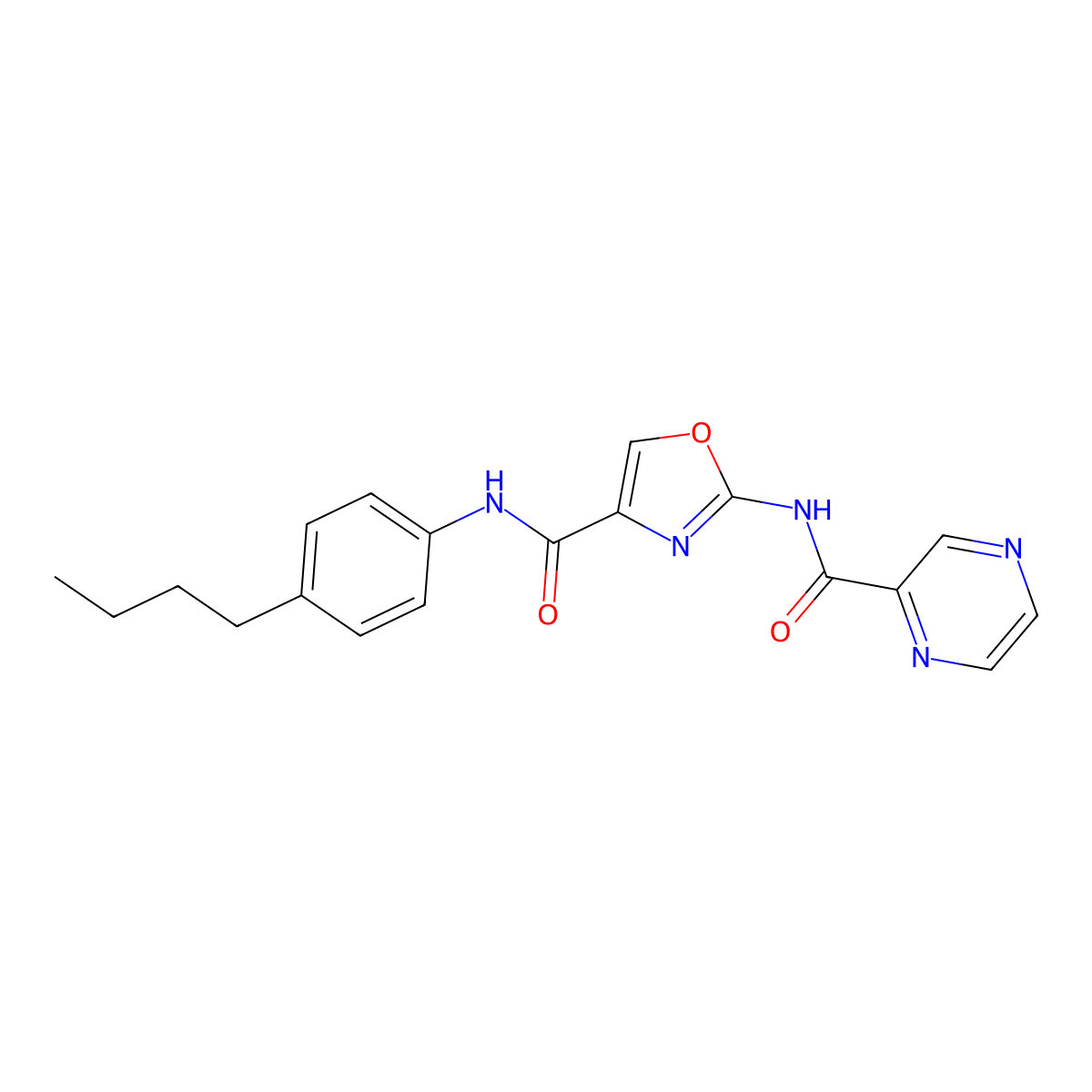 N-(4-butylphenyl)-2-(pyrazine-2-carboxamido)oxazole-4-carboxamide molecular structure, CAS 1396852-30-4