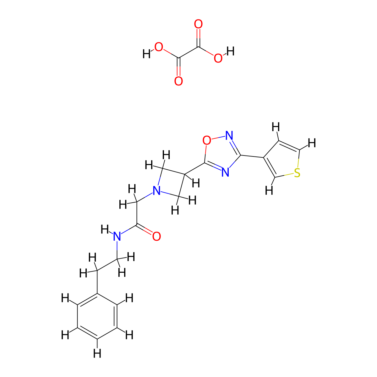 N-phenethyl-2-(3-(3-(thiophen-3-yl)-1,2,4-oxadiazol-5-yl)azetidin-1-yl)acetamide oxalate molecular structure, CAS 1396852-43-9