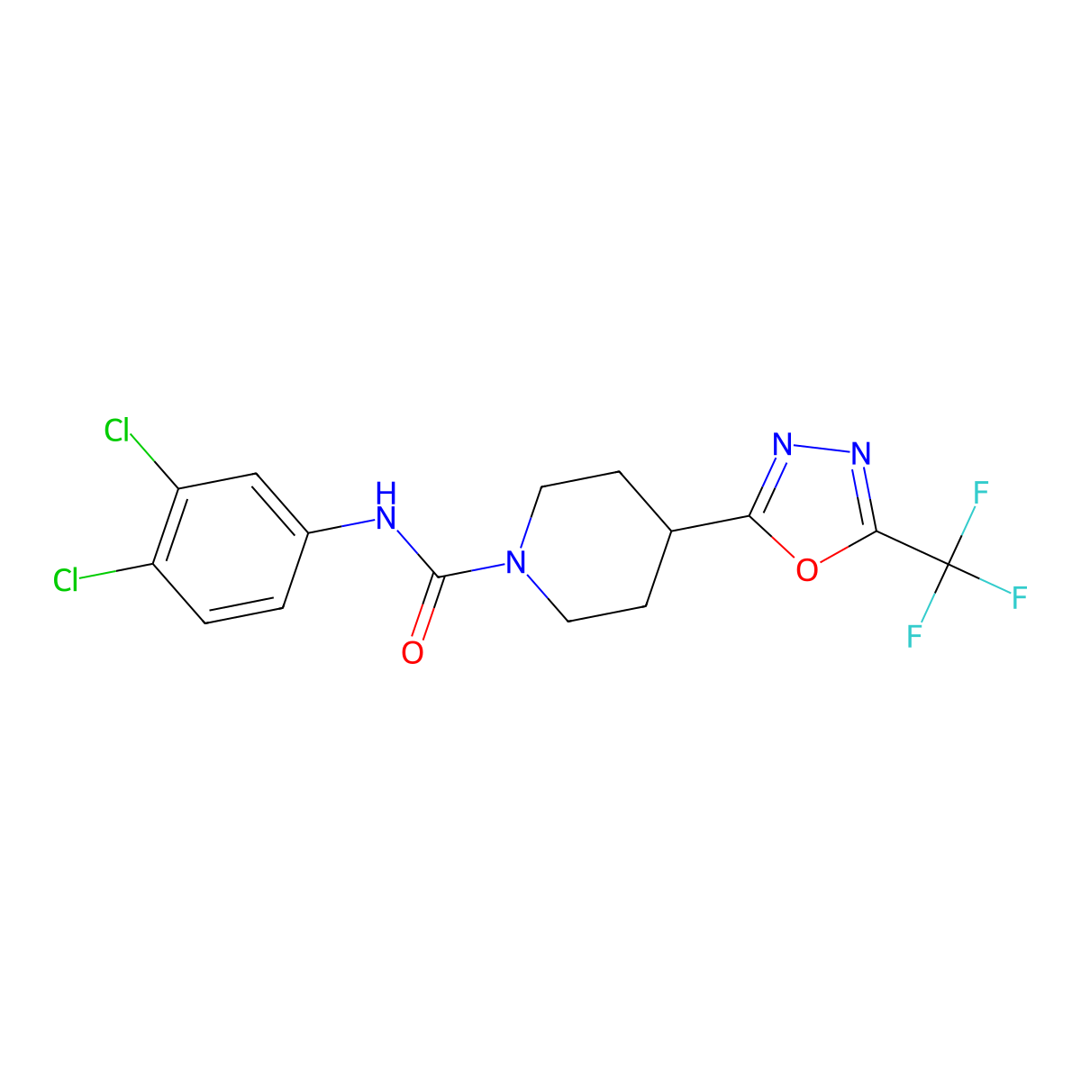 N-(3,4-dichlorophenyl)-4-[5-(trifluoromethyl)-1,3,4-oxadiazol-2-yl]piperidine-1-carboxamide molecular structure, CAS 1396852-53-1