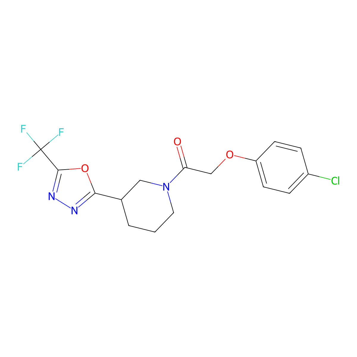 2-(4-Chlorophenoxy)-1-(3-(5-(trifluoromethyl)-1,3,4-oxadiazol-2-yl)piperidin-1-yl)ethanone molecular structure, CAS 1396852-66-6
