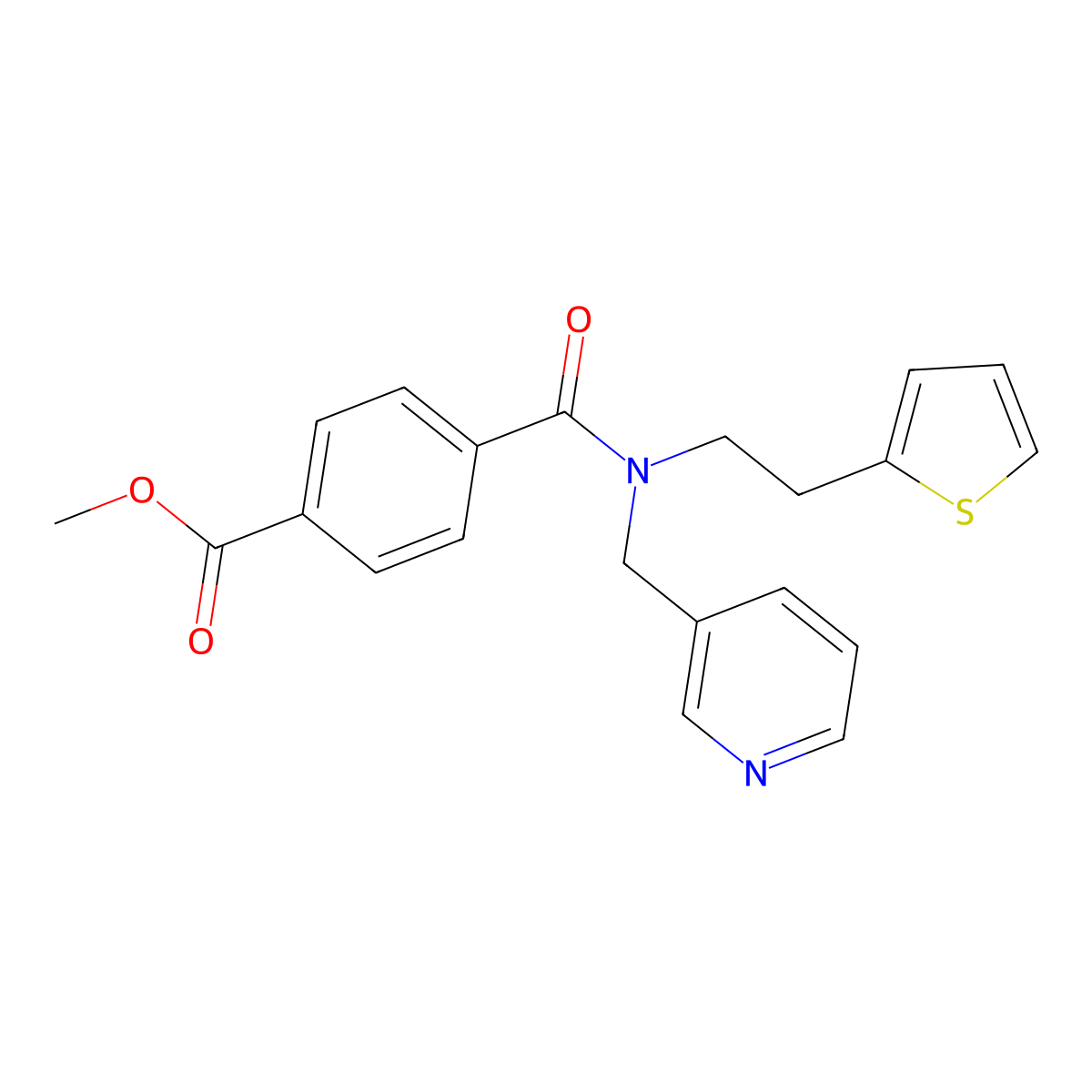 Methyl 4-((pyridin-3-ylmethyl)(2-(thiophen-2-yl)ethyl)carbamoyl)benzoate molecular structure, CAS 1396852-86-0