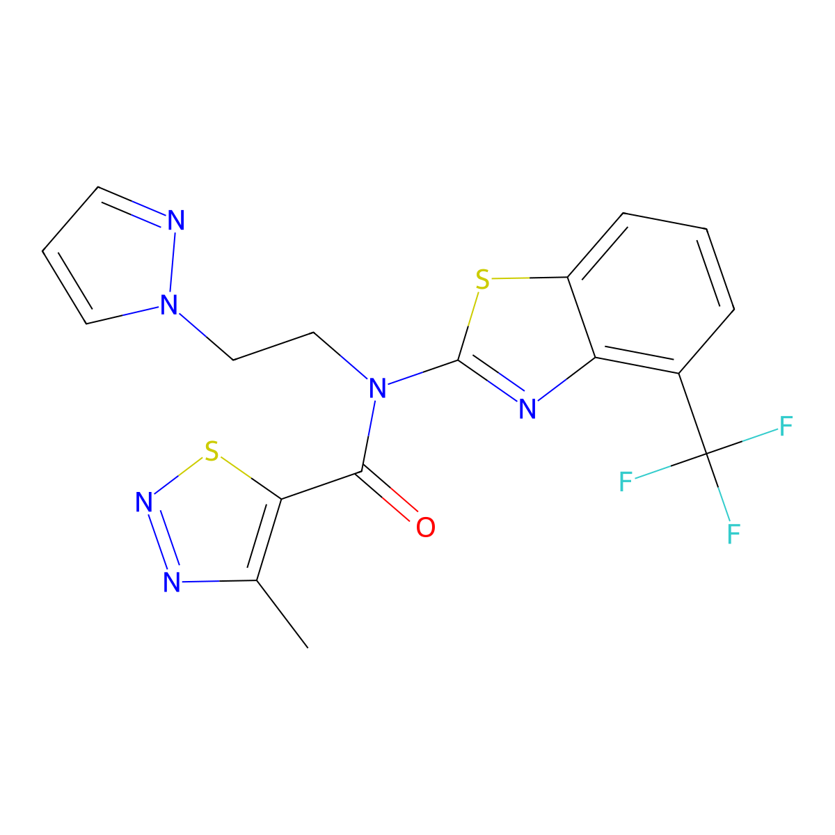 N-(2-(1H-pyrazol-1-yl)ethyl)-4-methyl-N-(4-(trifluoromethyl)benzo[d]thiazol-2-yl)-1,2,3-thiadiazole-5-carboxamide molecular structure, CAS 1396852-95-1