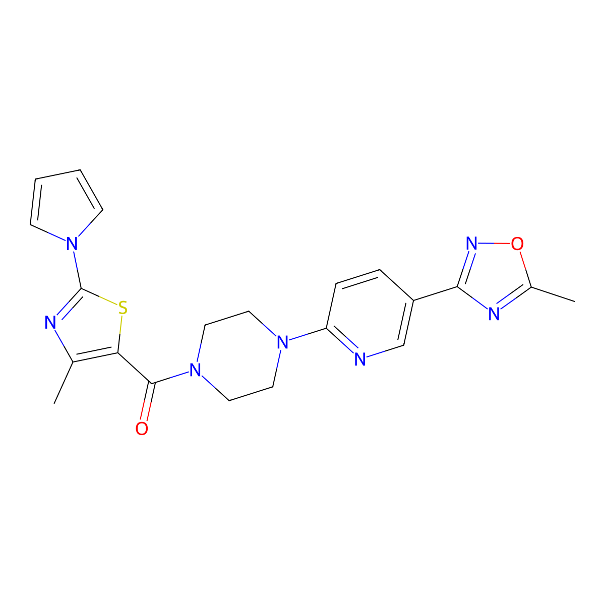 (4-(5-(5-methyl-1,2,4-oxadiazol-3-yl)pyridin-2-yl)piperazin-1-yl)(4-methyl-2-(1H-pyrrol-1-yl)thiazol-5-yl)methanone molecular structure, CAS 1396853-03-4
