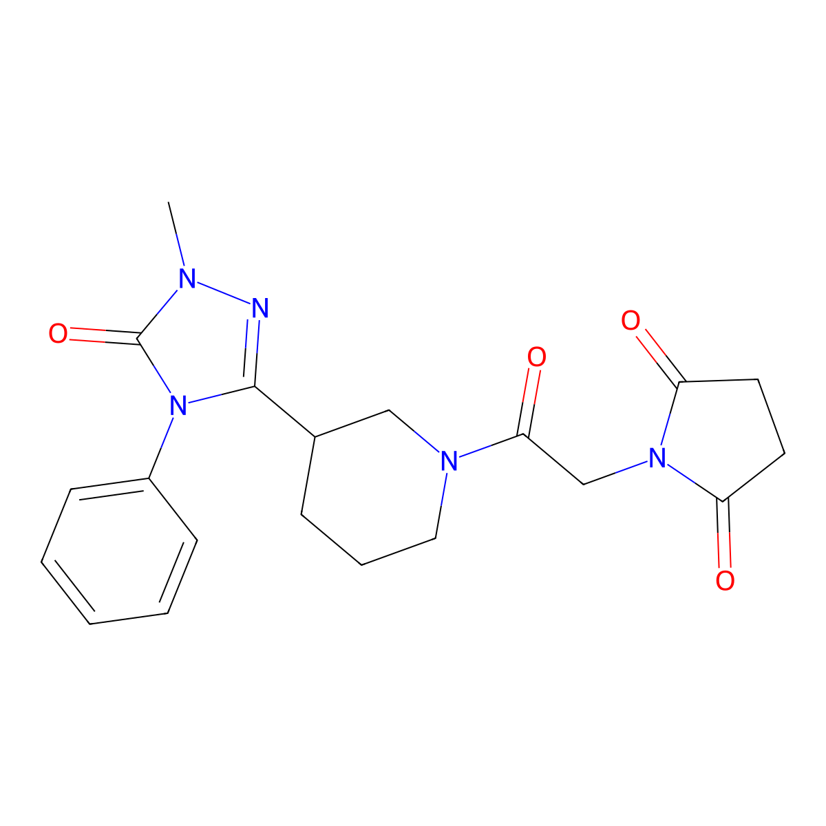 1-{2-[3-(1-methyl-5-oxo-4-phenyl-4,5-dihydro-1H-1,2,4-triazol-3-yl)piperidin-1-yl]-2-oxoethyl}pyrrolidine-2,5-dione molecular structure, CAS 1396853-18-1