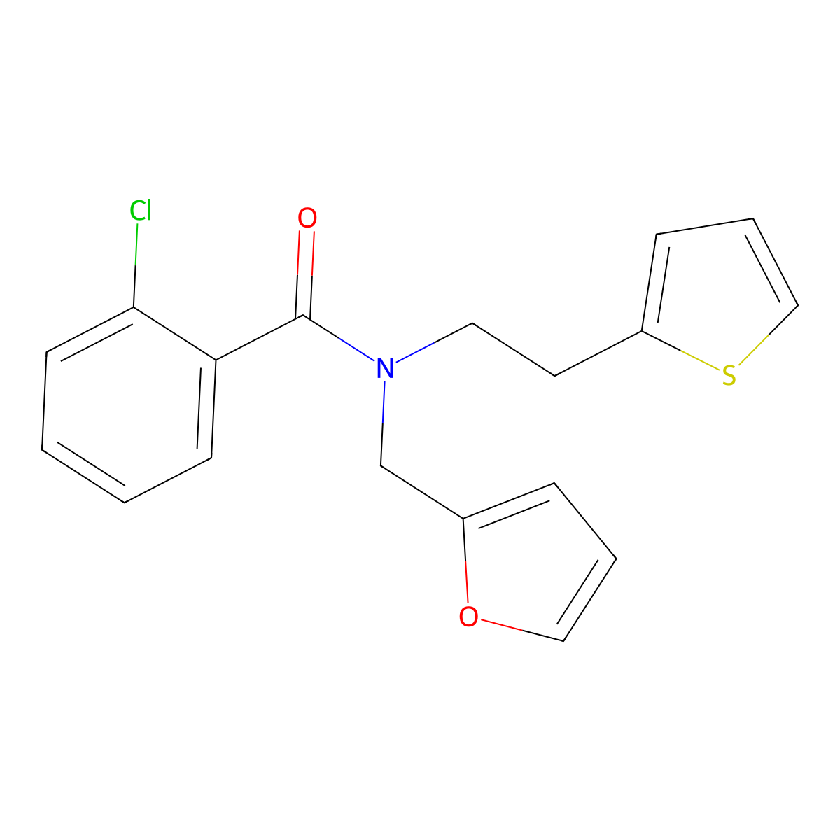 2-chloro-N-(furan-2-ylmethyl)-N-(2-(thiophen-2-yl)ethyl)benzamide molecular structure, CAS 1396853-19-2