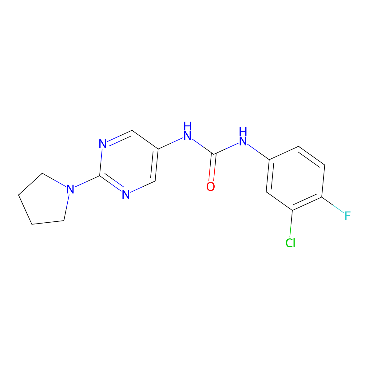 1-(3-Chloro-4-fluorophenyl)-3-[2-(pyrrolidin-1-yl)pyrimidin-5-yl]urea molecular structure, CAS 1396853-21-6