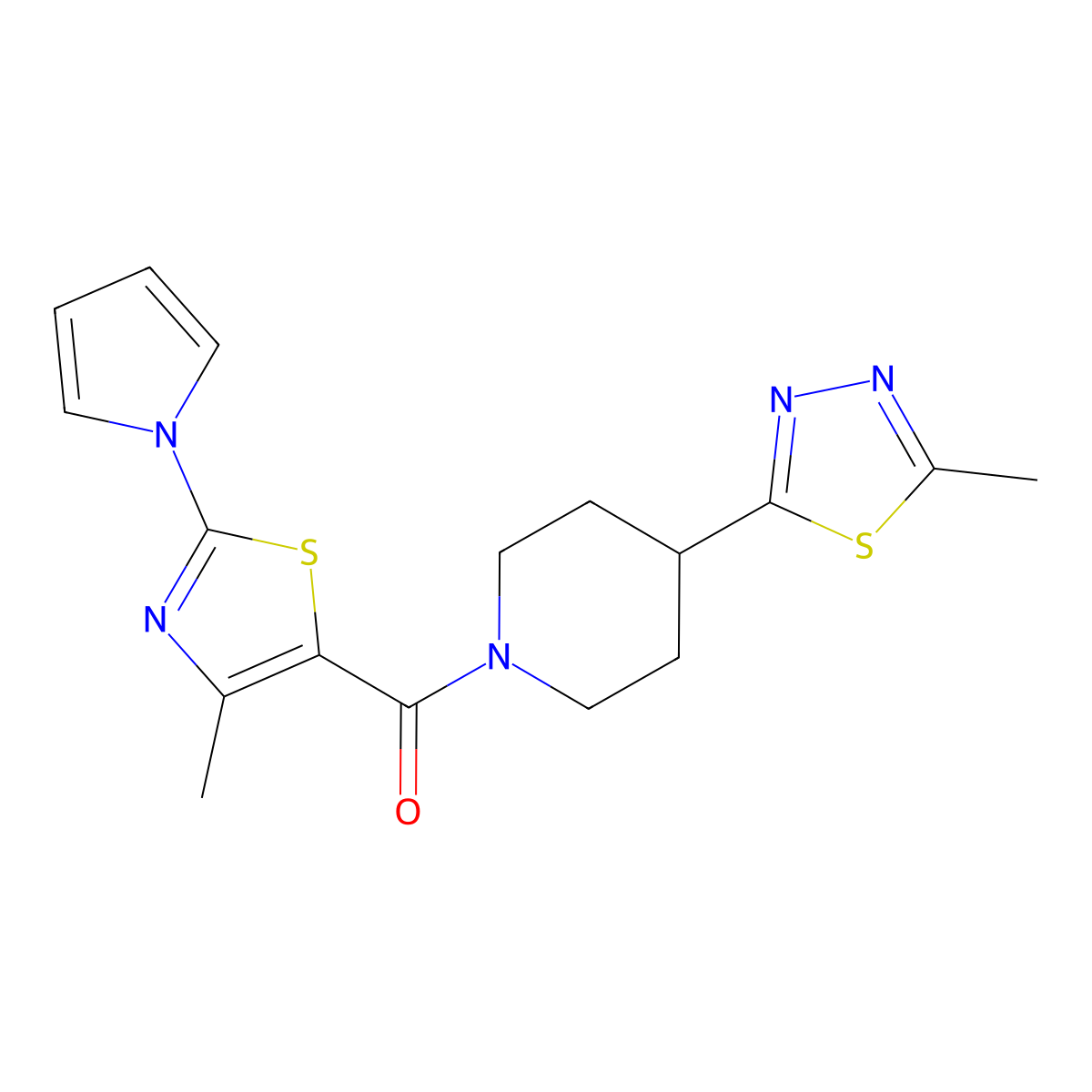 (4-(5-methyl-1,3,4-thiadiazol-2-yl)piperidin-1-yl)(4-methyl-2-(1H-pyrrol-1-yl)thiazol-5-yl)methanone molecular structure, CAS 1396853-27-2