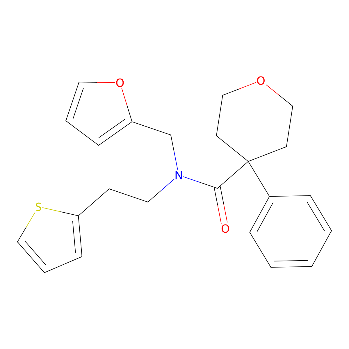 N-(furan-2-ylmethyl)-4-phenyl-N-(2-(thiophen-2-yl)ethyl)tetrahydro-2H-pyran-4-carboxamide molecular structure, CAS 1396853-34-1