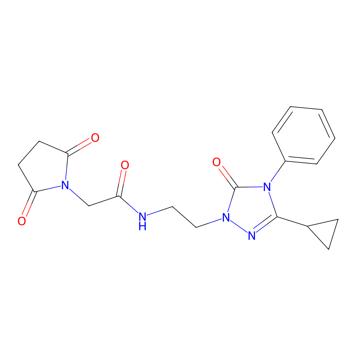 N-[2-(3-cyclopropyl-5-oxo-4-phenyl-4,5-dihydro-1H-1,2,4-triazol-1-yl)ethyl]-2-(2,5-dioxopyrrolidin-1-yl)acetamide molecular structure, CAS 1396853-44-3