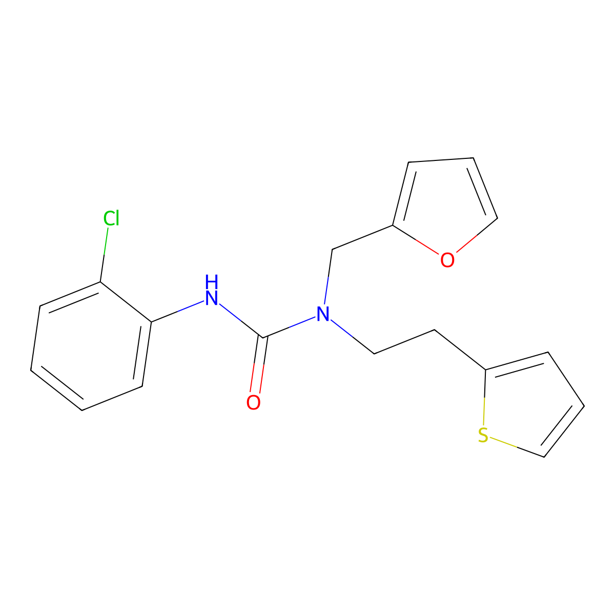 3-(2-Chlorophenyl)-1-(furan-2-ylmethyl)-1-(2-(thiophen-2-yl)ethyl)urea molecular structure, CAS 1396853-47-6
