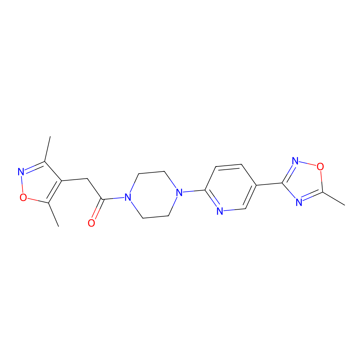 2-(3,5-Dimethylisoxazol-4-yl)-1-(4-(5-(5-methyl-1,2,4-oxadiazol-3-yl)pyridin-2-yl)piperazin-1-yl)ethanone molecular structure, CAS 1396853-51-2
