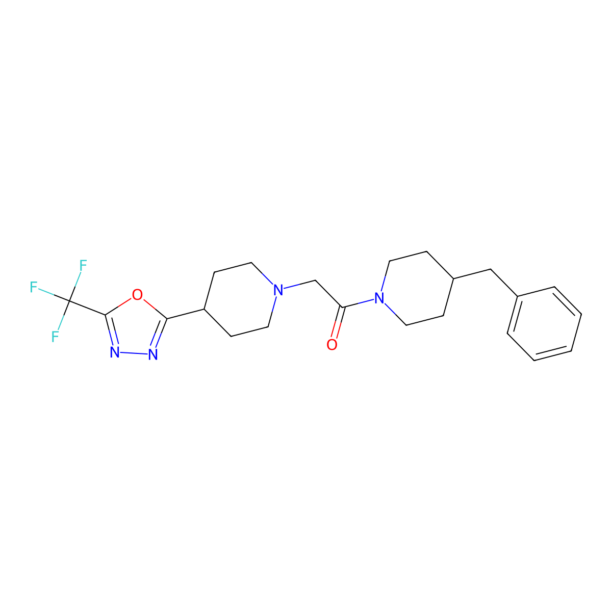 1-(4-Benzylpiperidin-1-yl)-2-(4-(5-(trifluoromethyl)-1,3,4-oxadiazol-2-yl)piperidin-1-yl)ethanone molecular structure, CAS 1396853-60-3