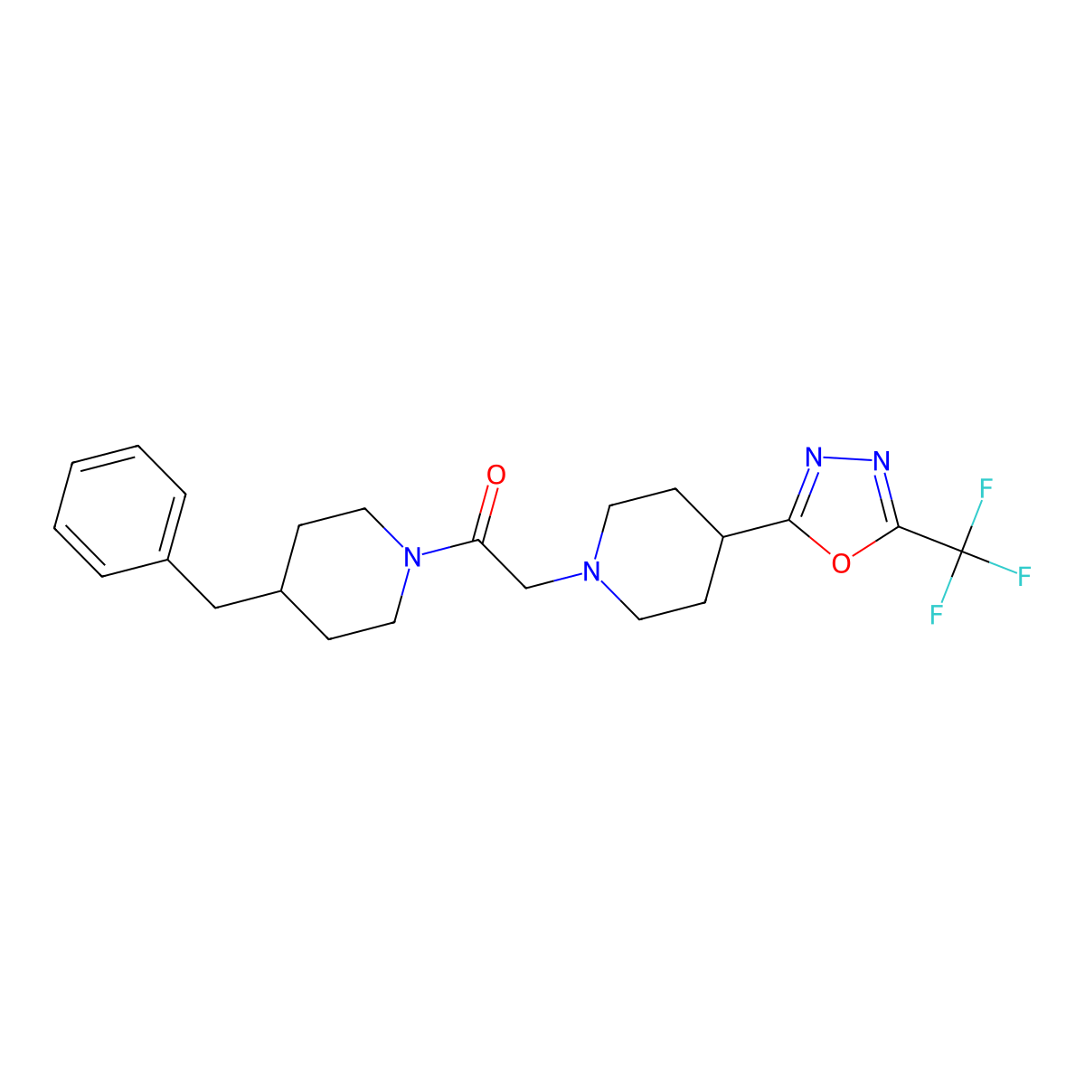 1-(4-Benzylpiperidin-1-yl)-2-(4-(5-(trifluoromethyl)-1,3,4-oxadiazol-2-yl)piperidin-1-yl)ethanone molecular structure, CAS 1396853-60-3