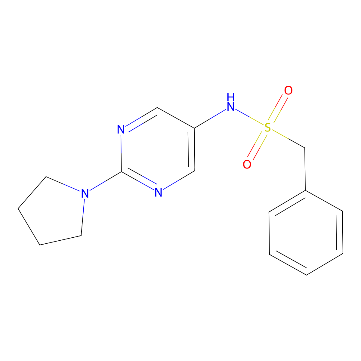 1-phenyl-N-(2-(pyrrolidin-1-yl)pyrimidin-5-yl)methanesulfonamide molecular structure, CAS 1396853-62-5