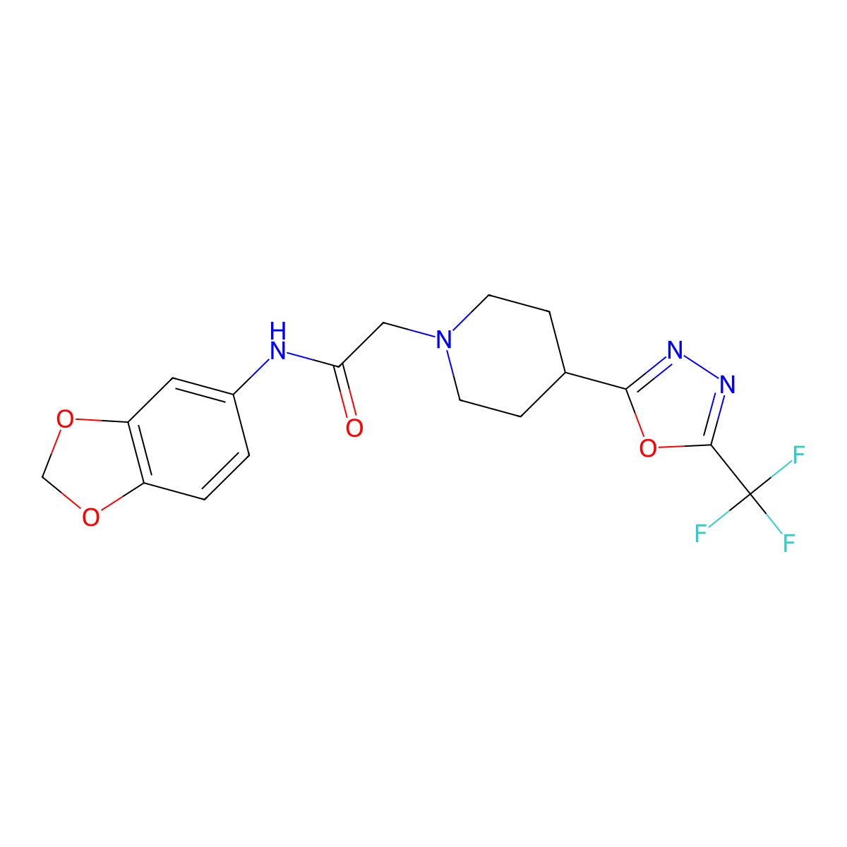 N-(benzo[d][1,3]dioxol-5-yl)-2-(4-(5-(trifluoromethyl)-1,3,4-oxadiazol-2-yl)piperidin-1-yl)acetamide molecular structure, CAS 1396853-65-8
