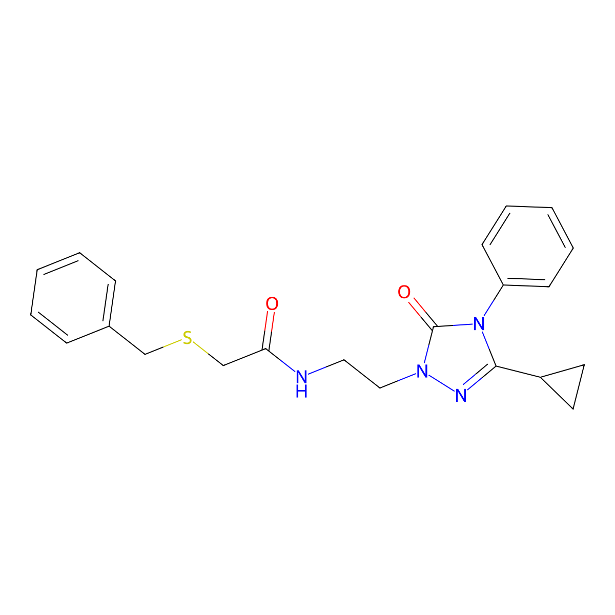 2-(benzylthio)-N-(2-(3-cyclopropyl-5-oxo-4-phenyl-4,5-dihydro-1H-1,2,4-triazol-1-yl)ethyl)acetamide molecular structure, CAS 1396853-68-1