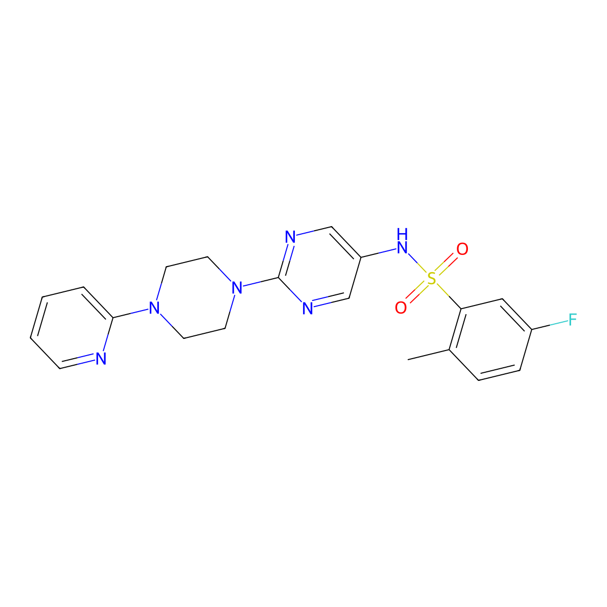 5-fluoro-2-methyl-N-(2-(4-(pyridin-2-yl)piperazin-1-yl)pyrimidin-5-yl)benzenesulfonamide molecular structure, CAS 1396853-71-6