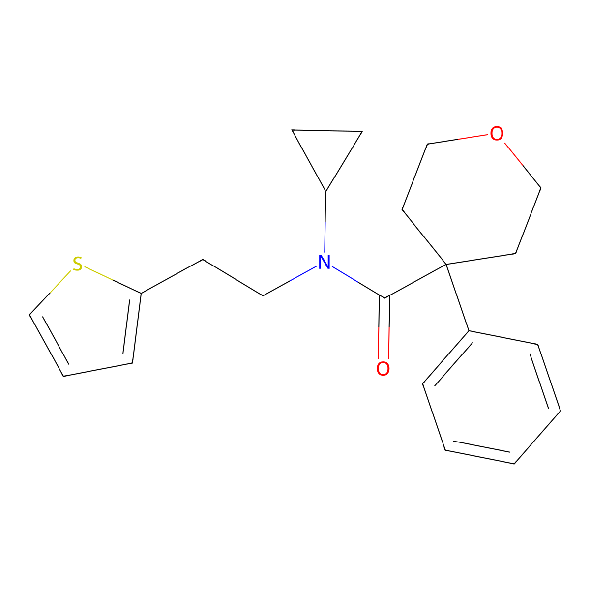 N-cyclopropyl-4-phenyl-N-(2-(thiophen-2-yl)ethyl)tetrahydro-2H-pyran-4-carboxamide molecular structure, CAS 1396853-75-0